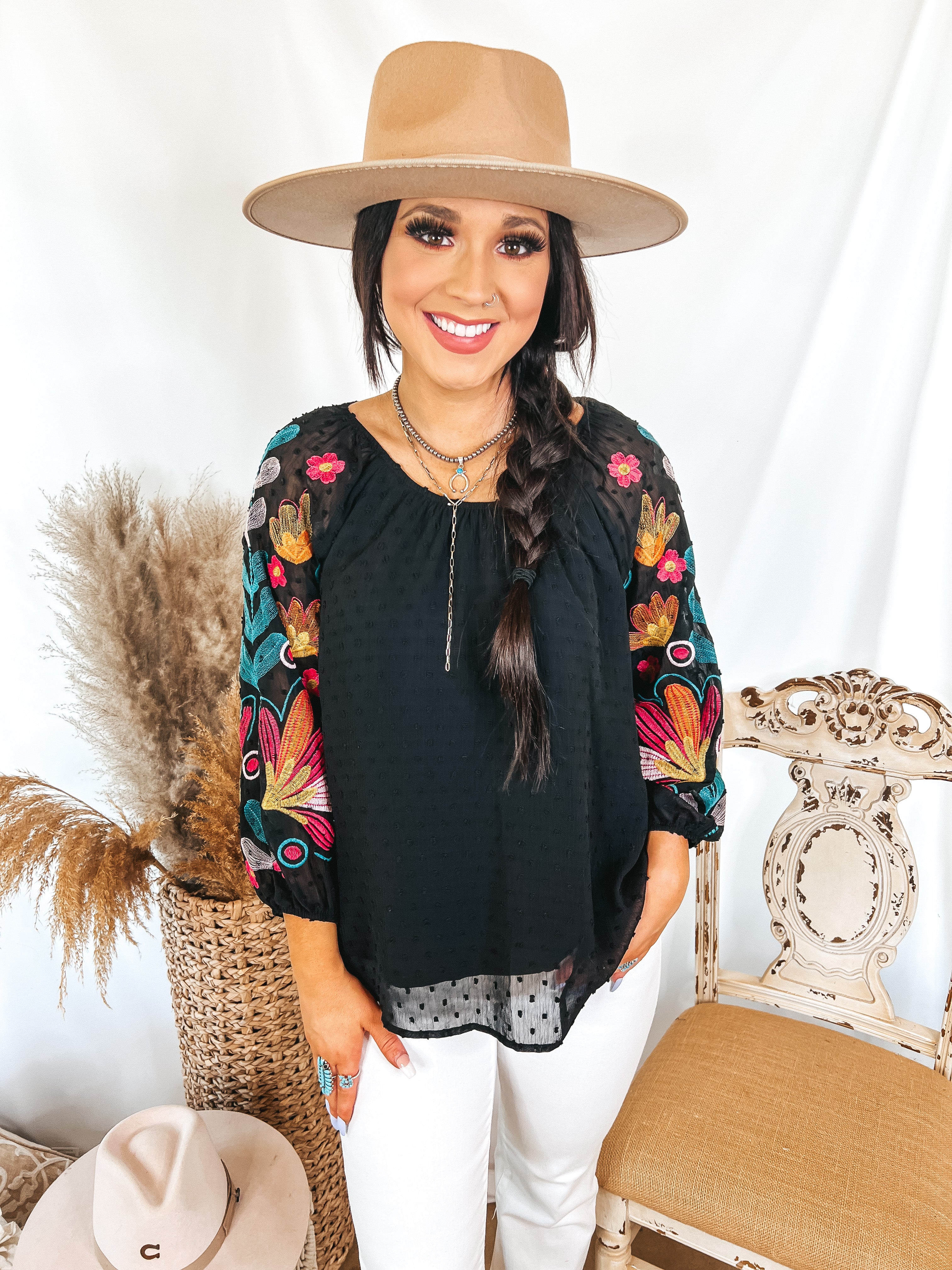 Right About You Floral Embroidered 3/4 Sleeve Top in Black - Giddy Up Glamour Boutique