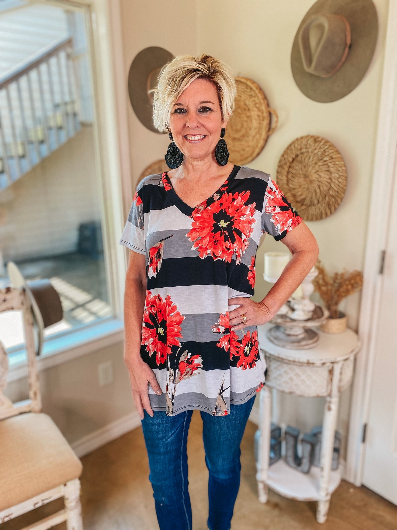 Keep Things Simple Floral and Striped V Neck Tee in Black and Coral - Giddy Up Glamour Boutique