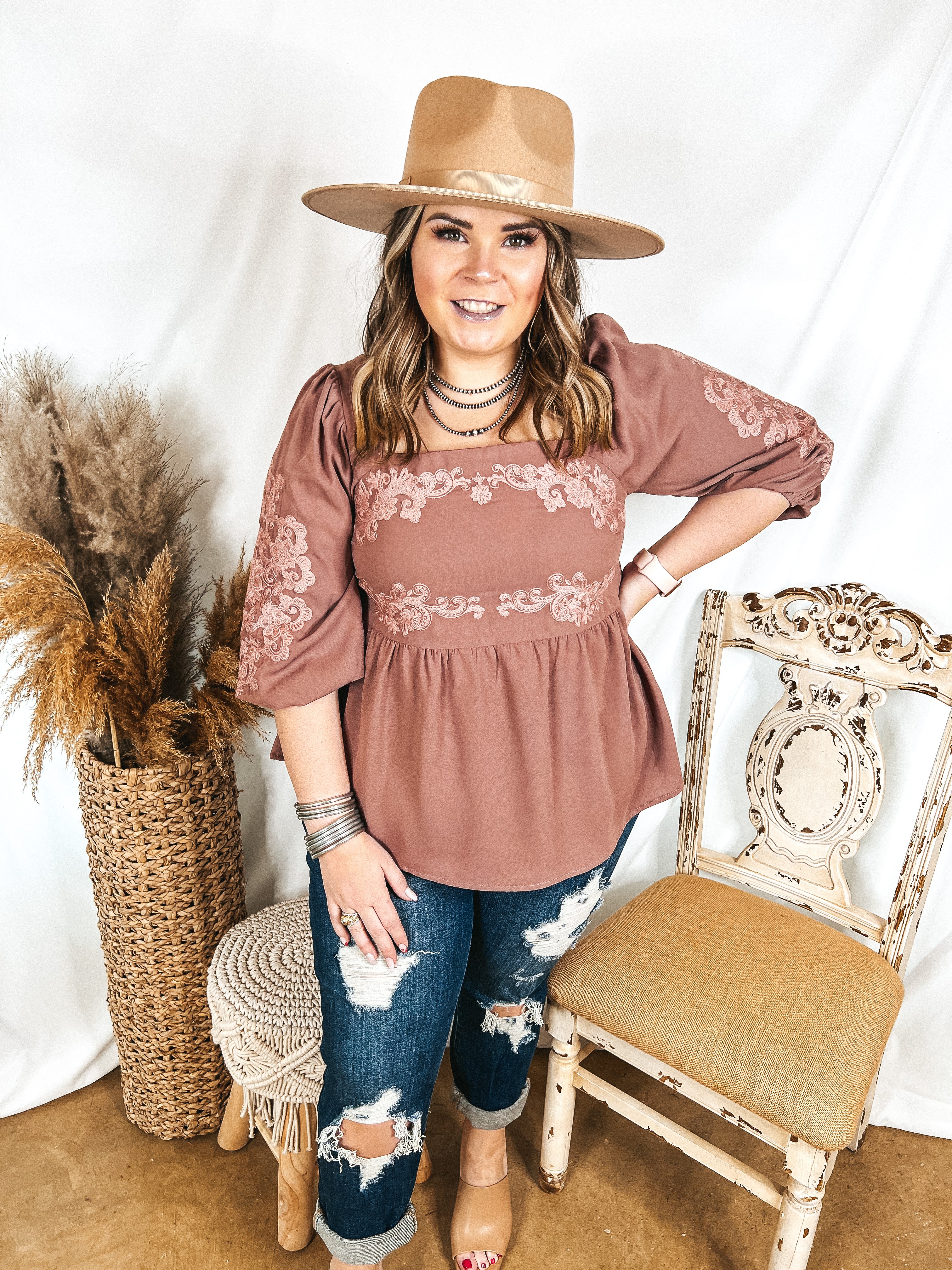 Stay True Embroidered Square Neck Blouse in Mauve - Giddy Up Glamour Boutique