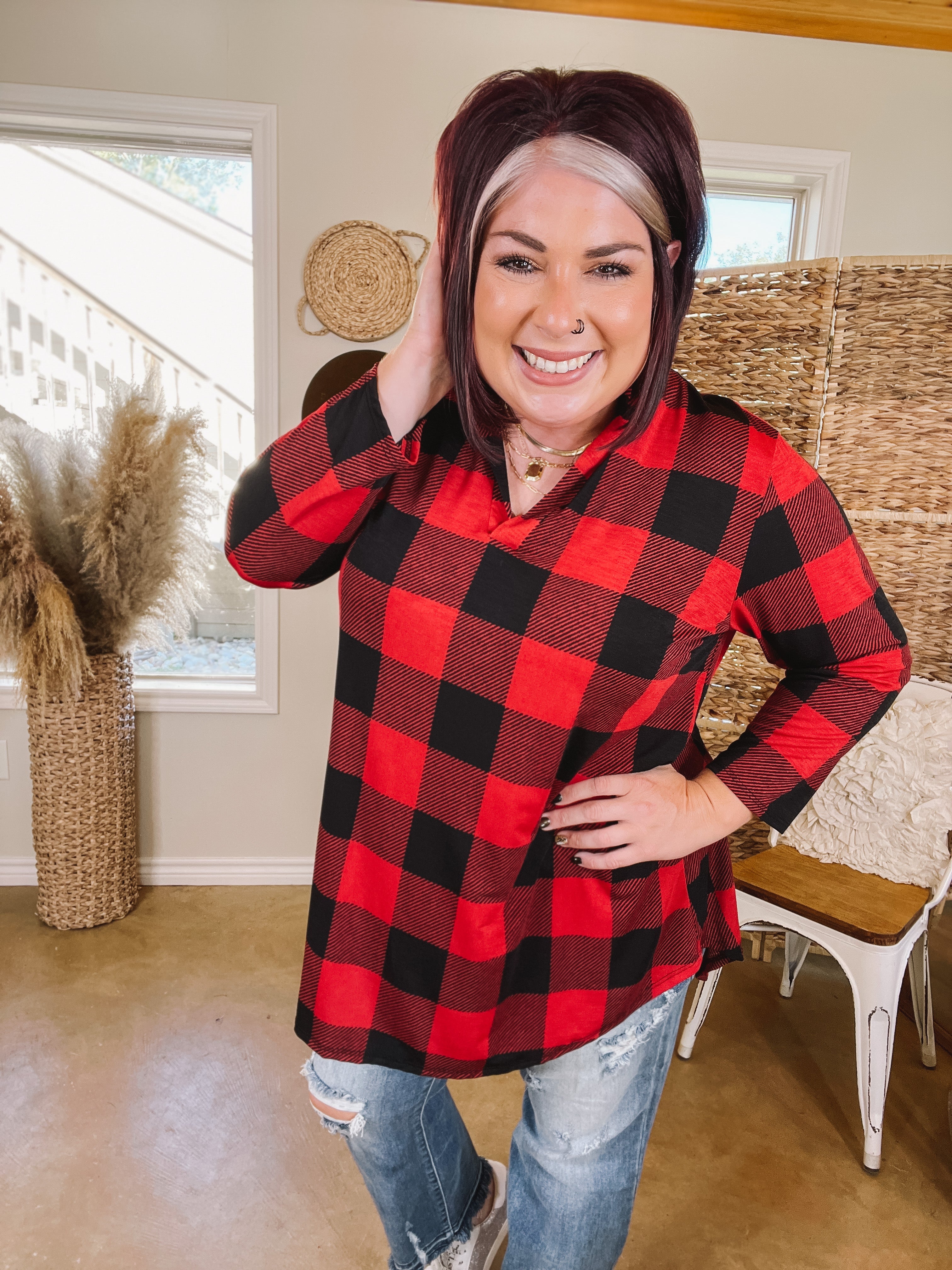 Scenic Route Buffalo Plaid Collared Tunic Top in Red - Giddy Up Glamour Boutique