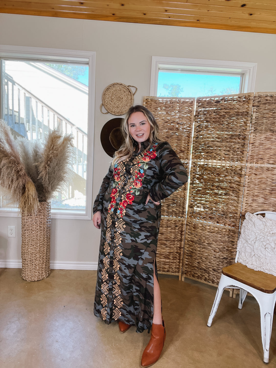 I'm All That Long Camouflage Button Up Dress with Floral Print Embroidery - Giddy Up Glamour Boutique