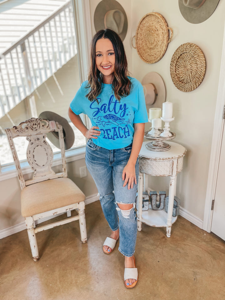 Last Chance Size Small & Medium | Salty Lil' Beach Short Sleeve Graphic Tee in Aqua Blue - Giddy Up Glamour Boutique