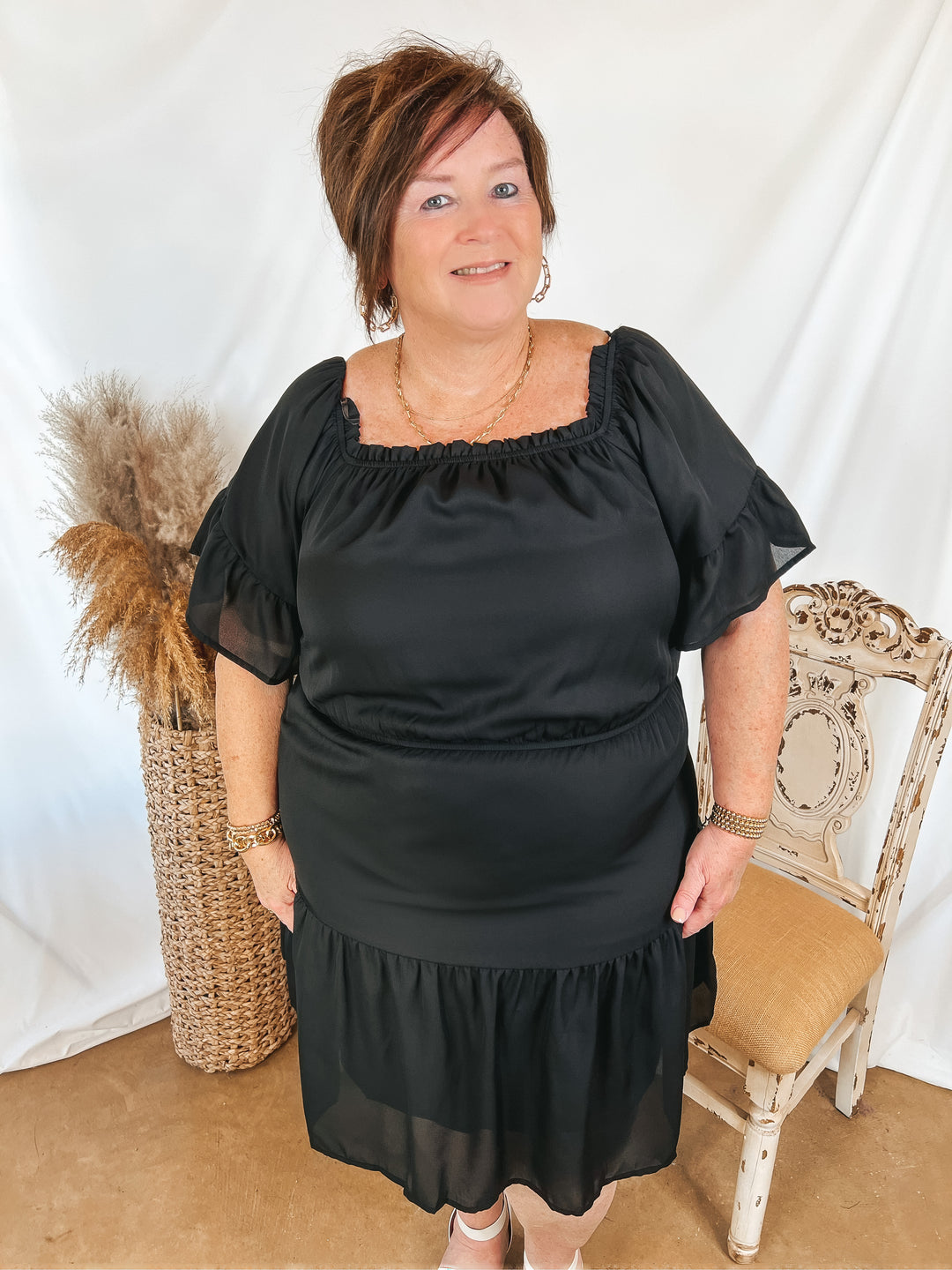 Visions of Romance Off the Shoulder Ruffle Tiered Dress in Black - Giddy Up Glamour Boutique