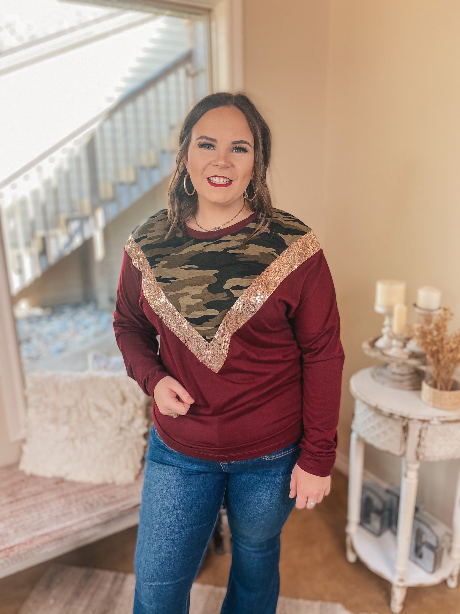 A Sparkly Mindset Camouflage and Sequin Color Block Top in Maroon - Giddy Up Glamour Boutique