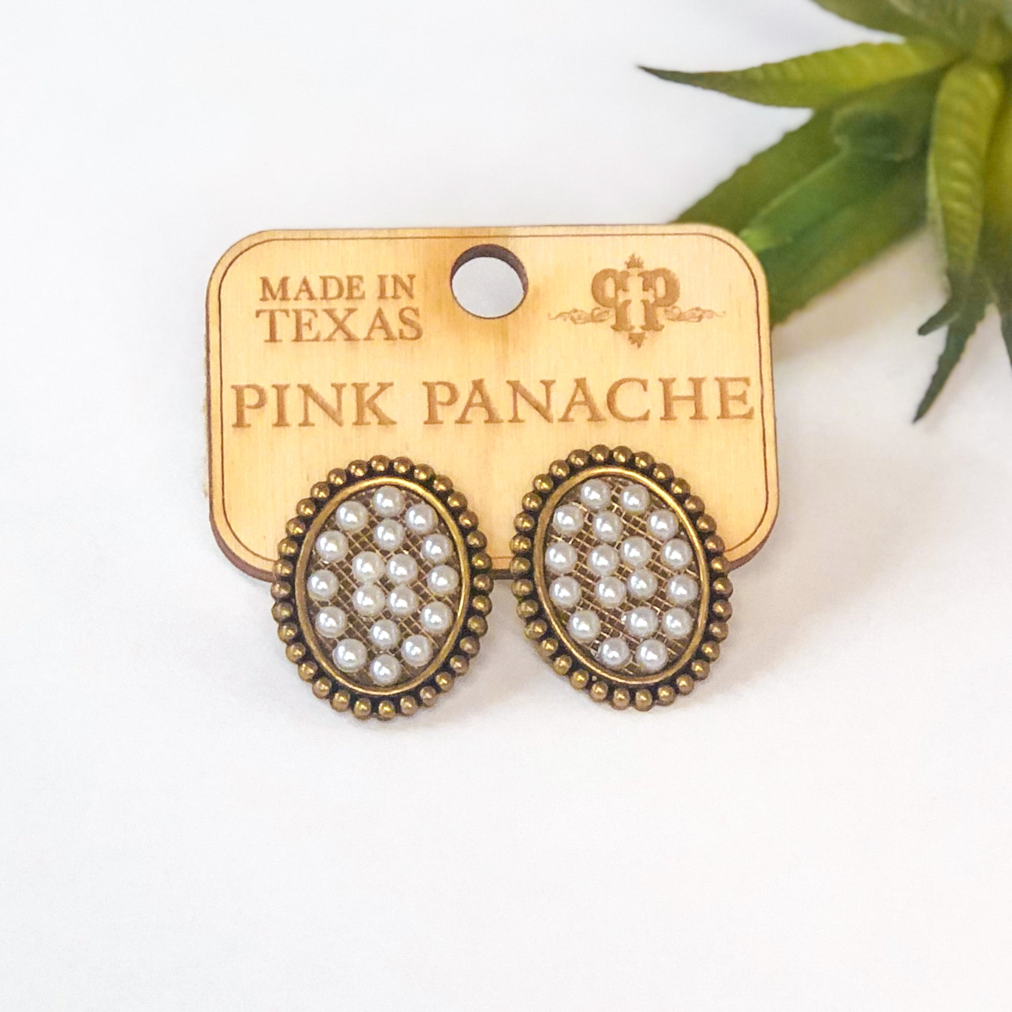 Pink Panache Mini Bronze Oval Stud Earrings with Pearls - Giddy Up Glamour Boutique