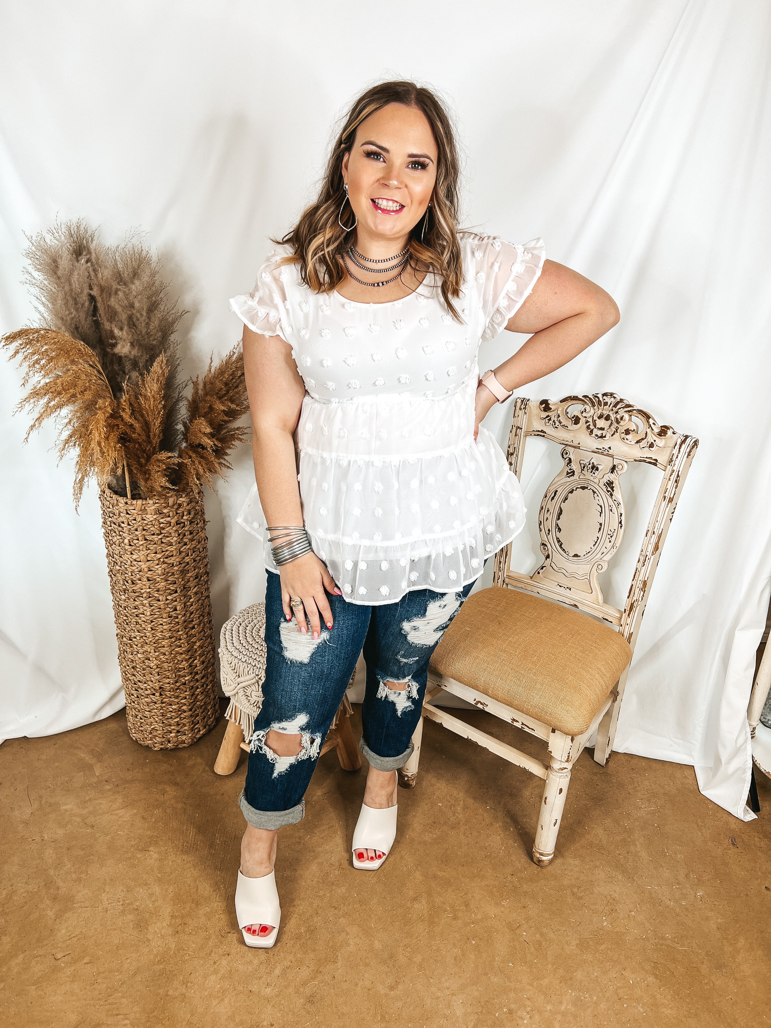 Such A Delight Tiered Swiss Dot Top with Ruffle Cap Sleeves in White - Giddy Up Glamour Boutique