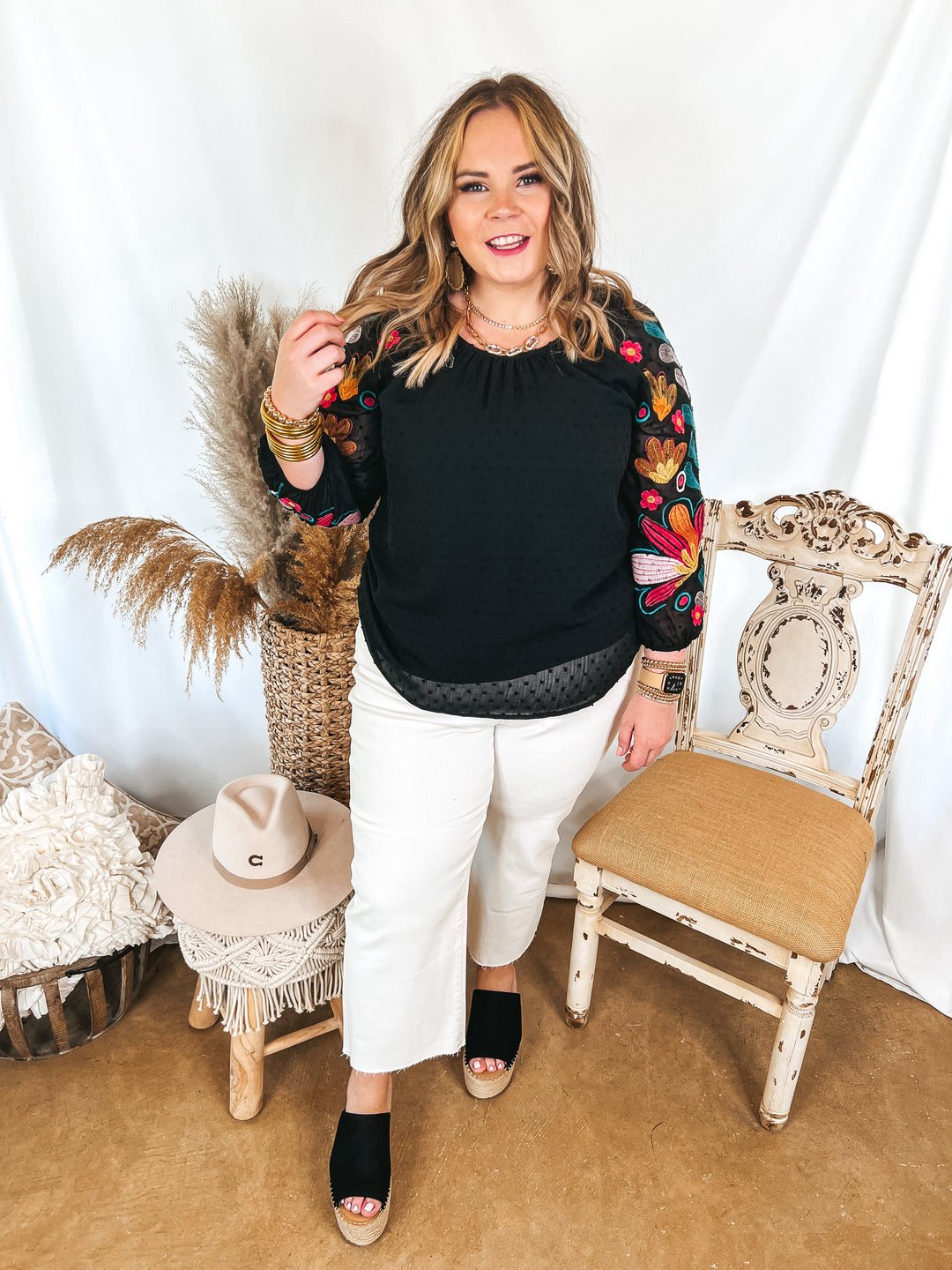 Right About You Floral Embroidered 3/4 Sleeve Top in Black - Giddy Up Glamour Boutique