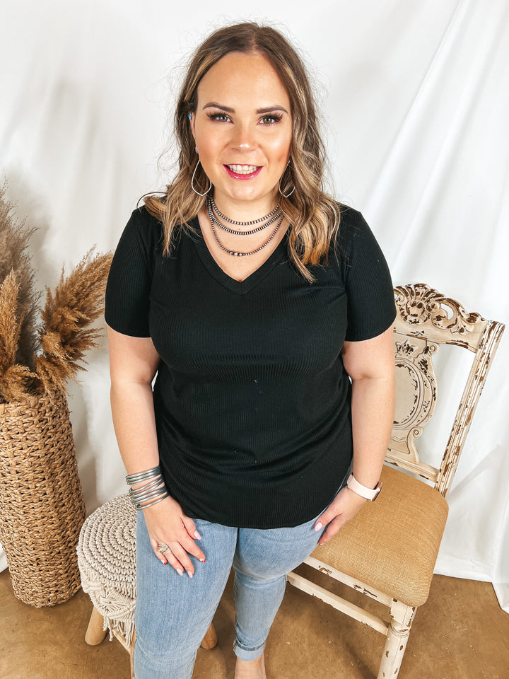 Simply Obsessed Ribbed Short Sleeve V Neck Top in Black - Giddy Up Glamour Boutique