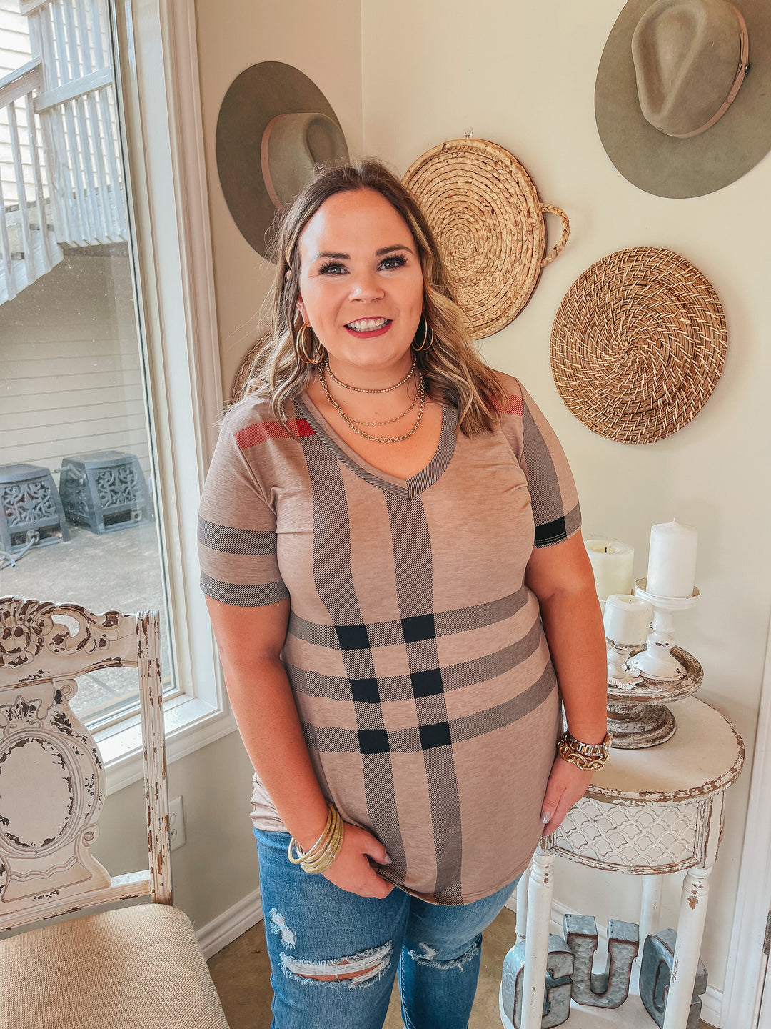 Keep Things Simple Plaid V Neck Tee in Taupe - Giddy Up Glamour Boutique