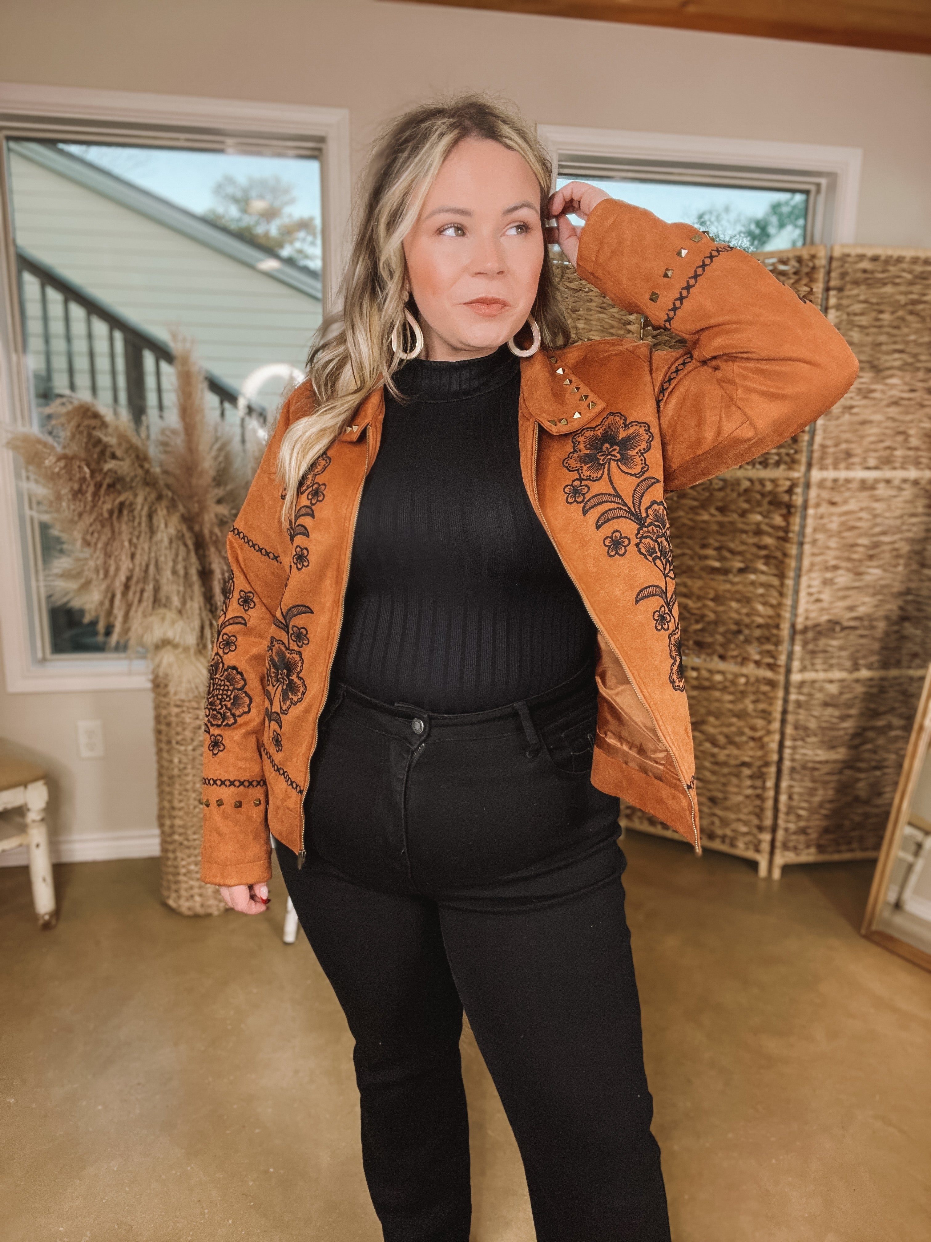 Downtown Elegance Floral Embroidered Suede Jacket with Studded Collar in Brown - Giddy Up Glamour Boutique