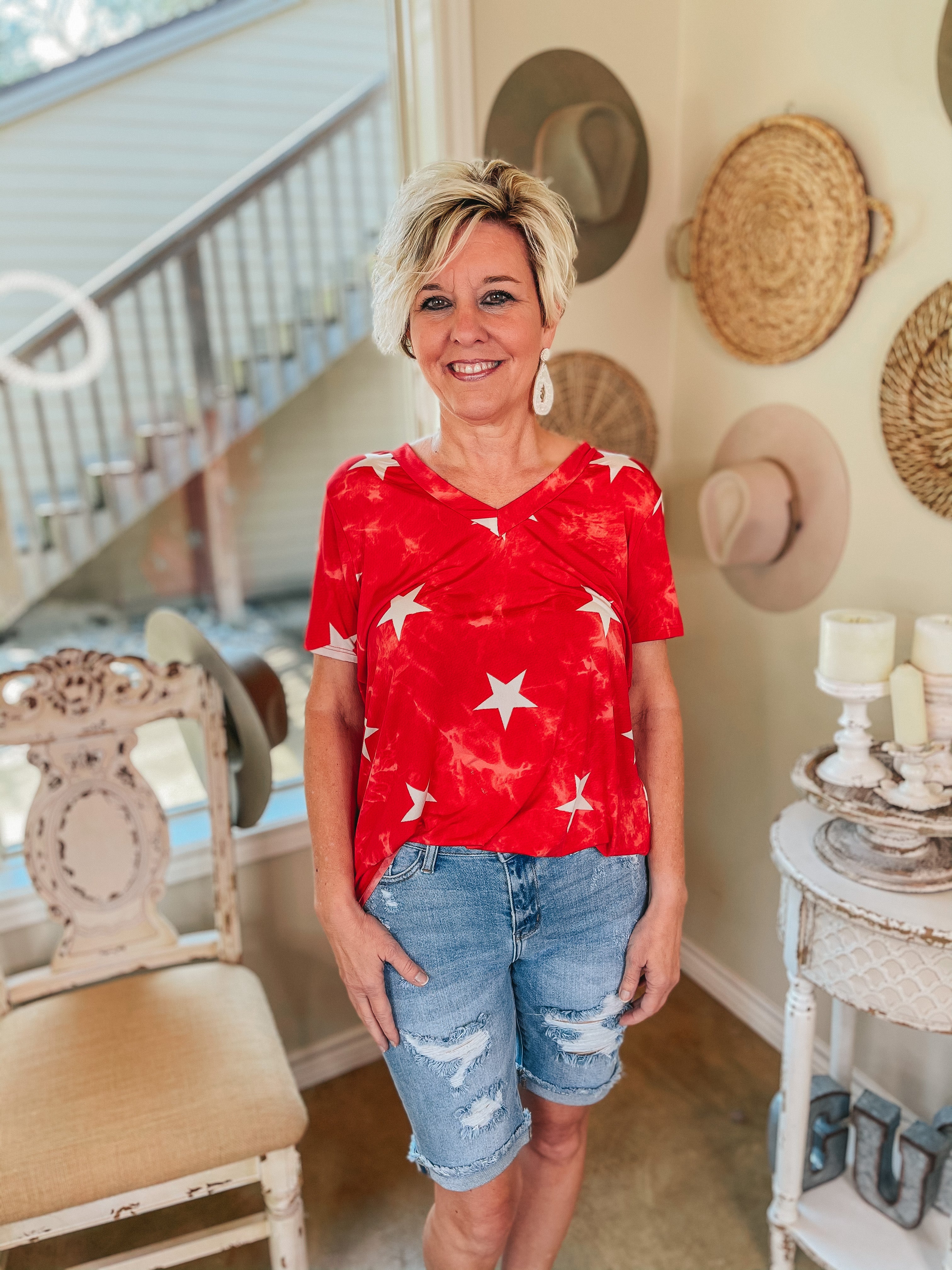 Keep Things Simple Tie Dye with Stars V Neck Tee in Red - Giddy Up Glamour Boutique