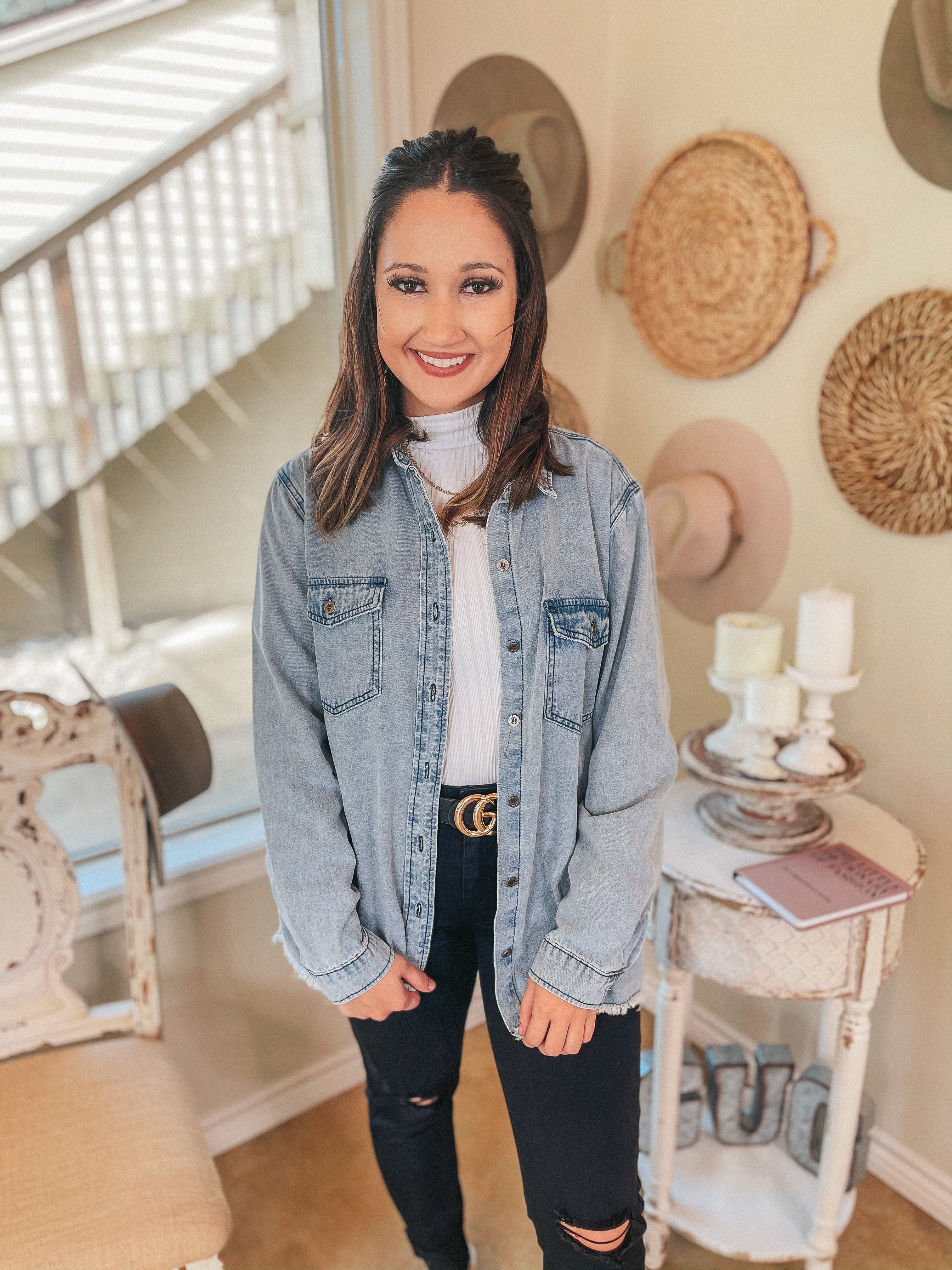 Shining in Style Button Up Denim Collared Shacket in Light Wash - Giddy Up Glamour Boutique