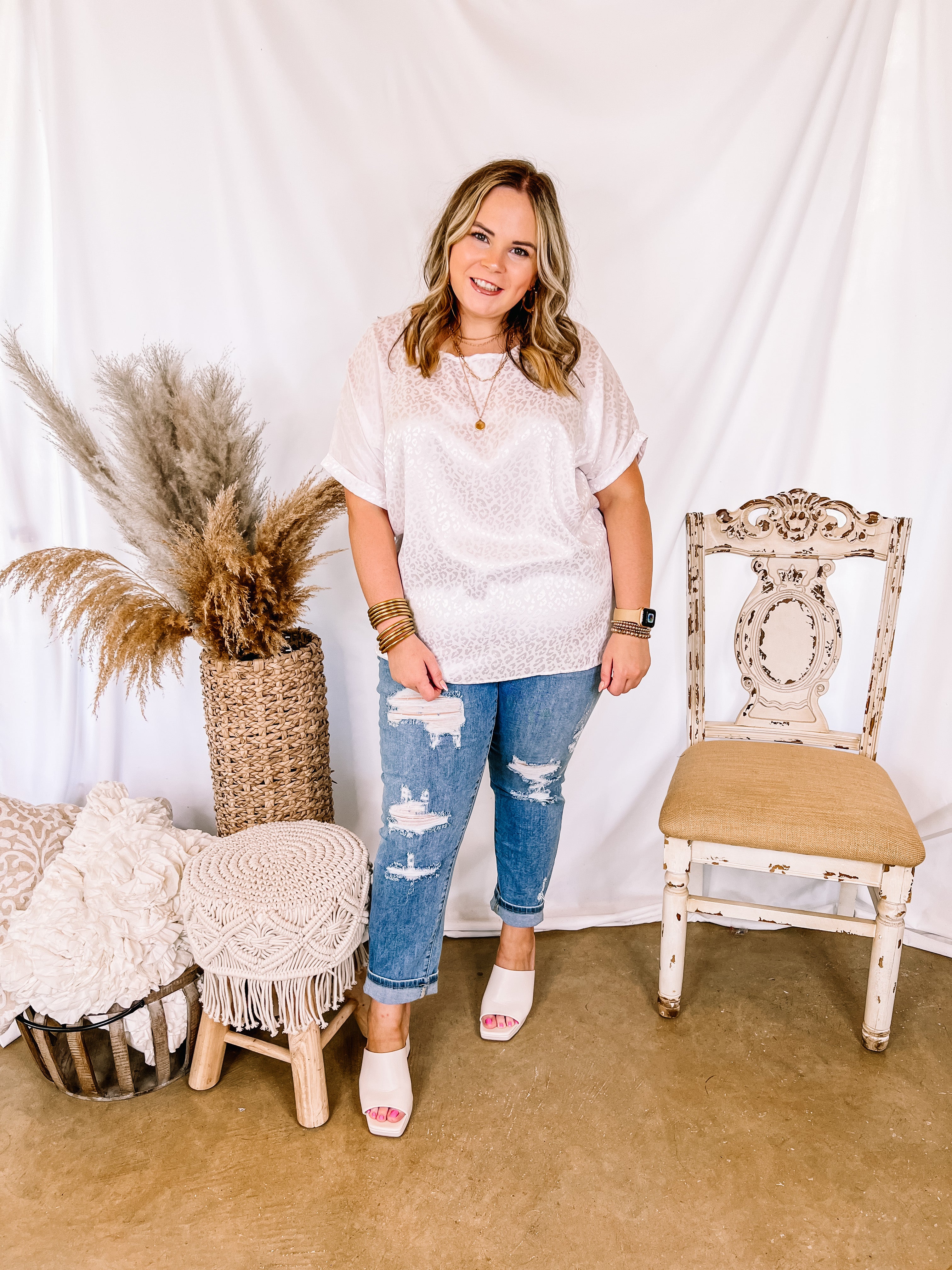 Complete Awe Short Sleeve Satin Leopard Print Top in White - Giddy Up Glamour Boutique