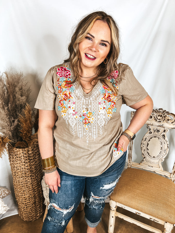 Telling The Truth V Neck Embroidered Top in Biege - Giddy Up Glamour Boutique