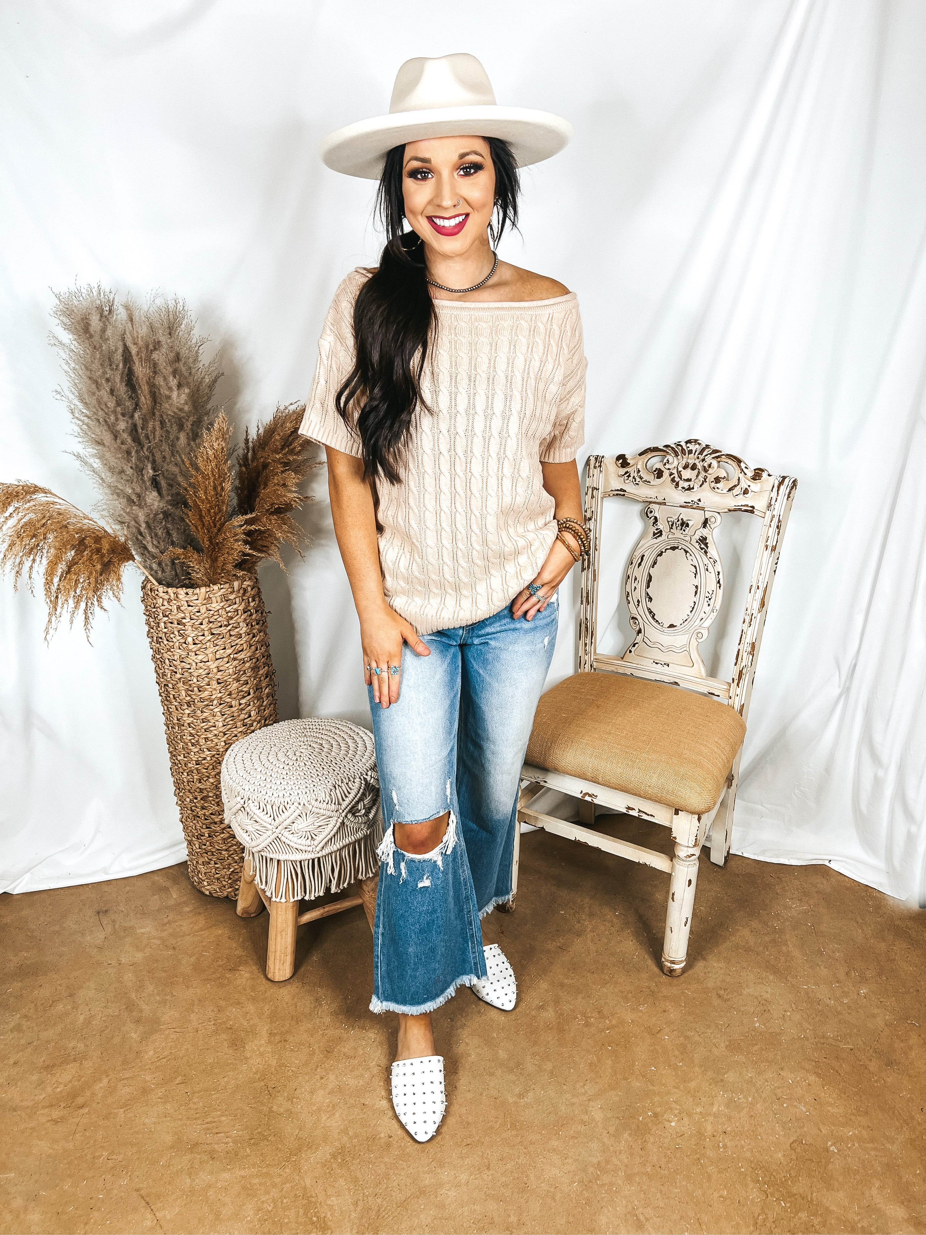 Day Date Short Sleeve Sweater with Scoop Neckline in Beige - Giddy Up Glamour Boutique