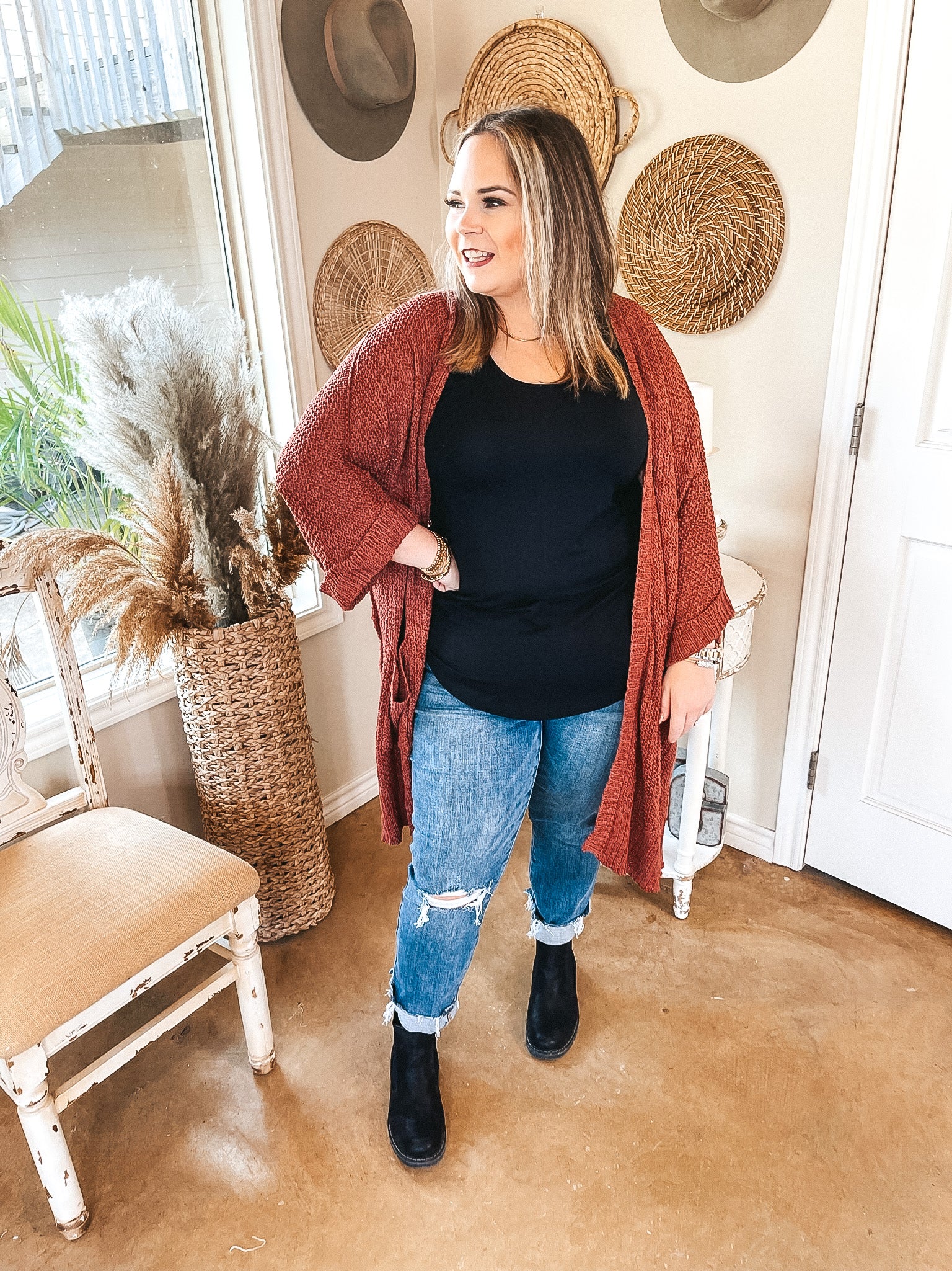 Warm Their Hearts Knit Cardigan with Pockets in Rust Red - Giddy Up Glamour Boutique
