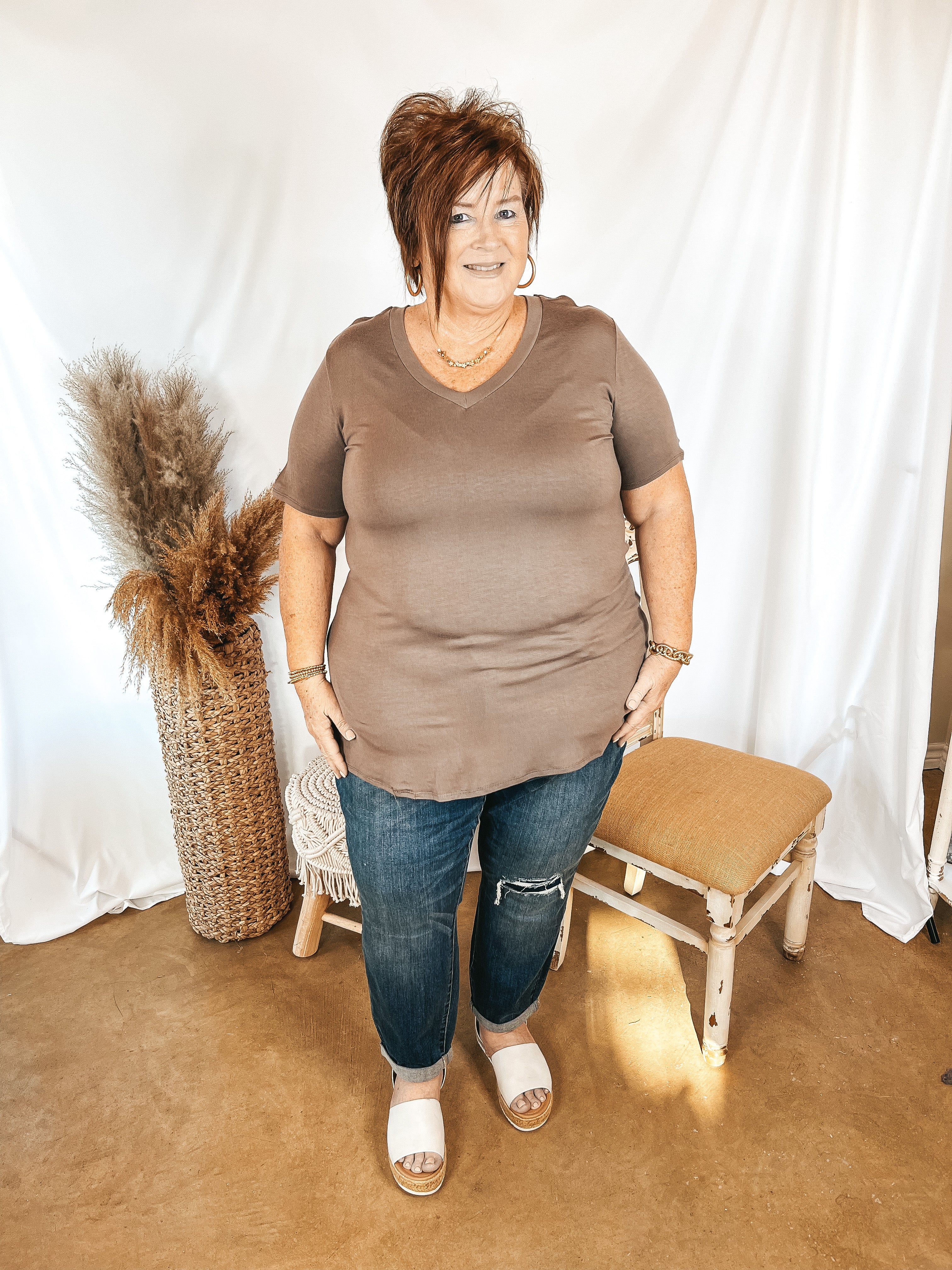 It's That Simple Solid V Neck Tee in Taupe - Giddy Up Glamour Boutique