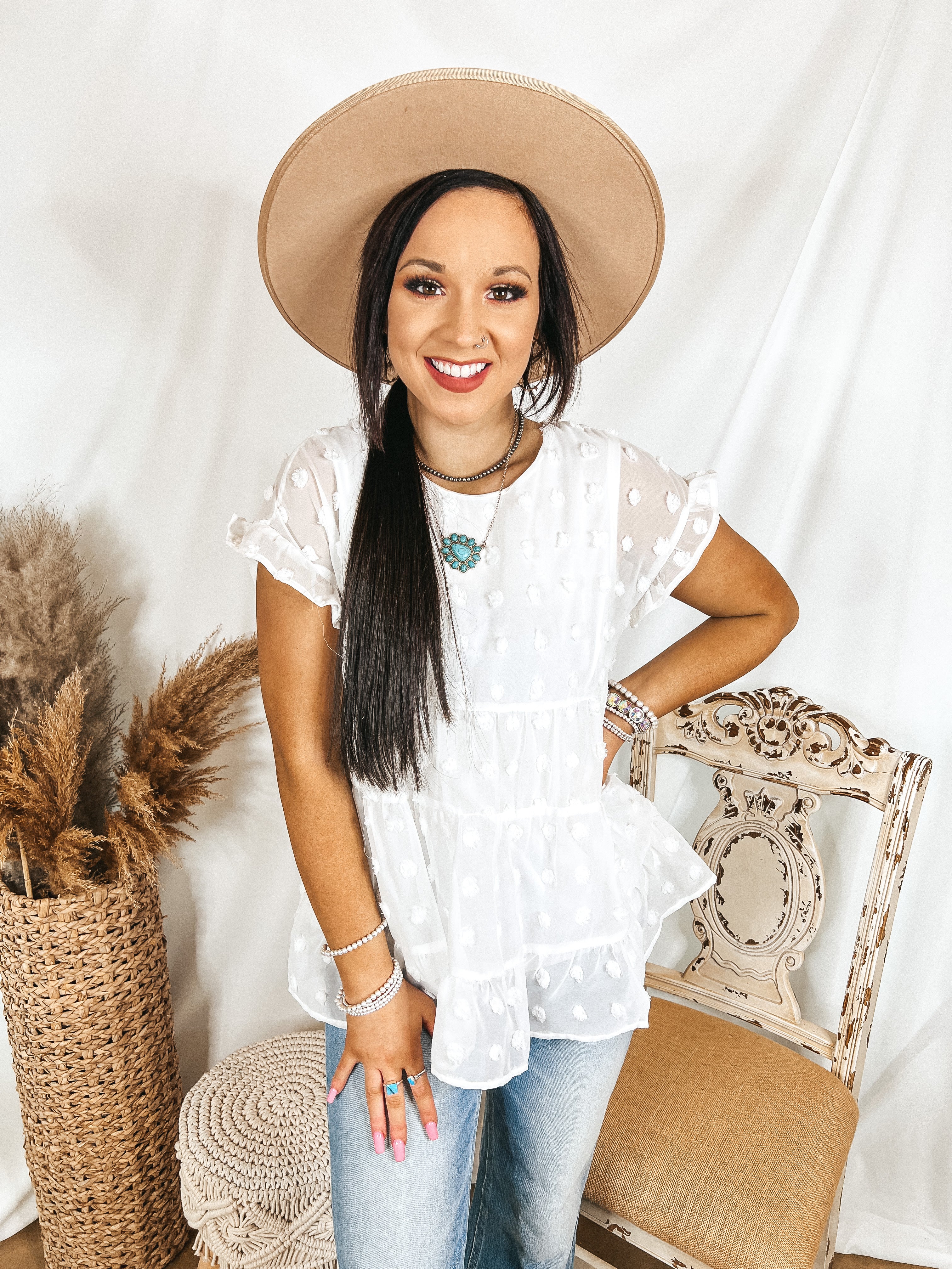 Such A Delight Tiered Swiss Dot Top with Ruffle Cap Sleeves in White - Giddy Up Glamour Boutique