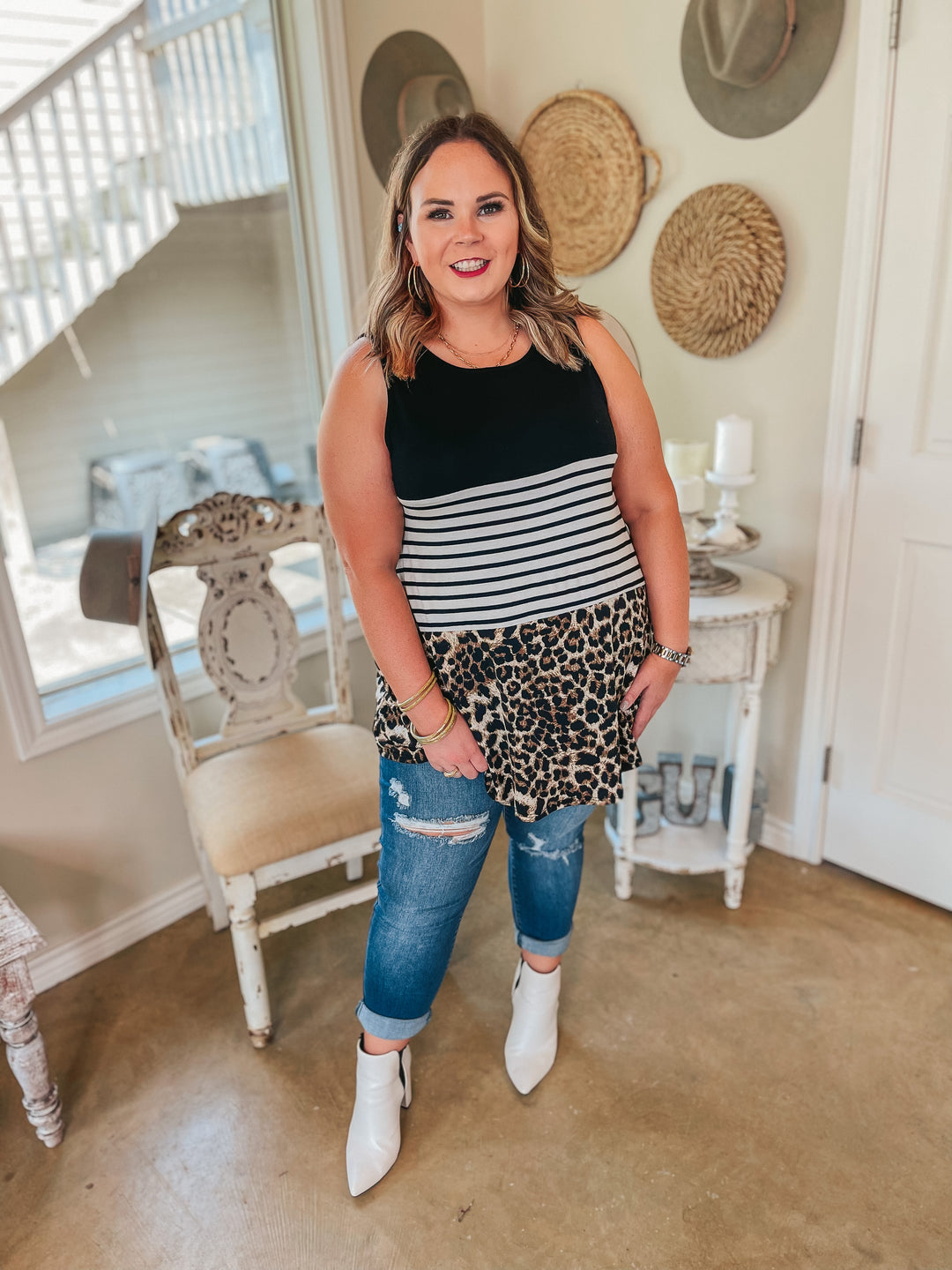 Treasured Love Striped and Leopard Print Block Tank Top in Black - Giddy Up Glamour Boutique