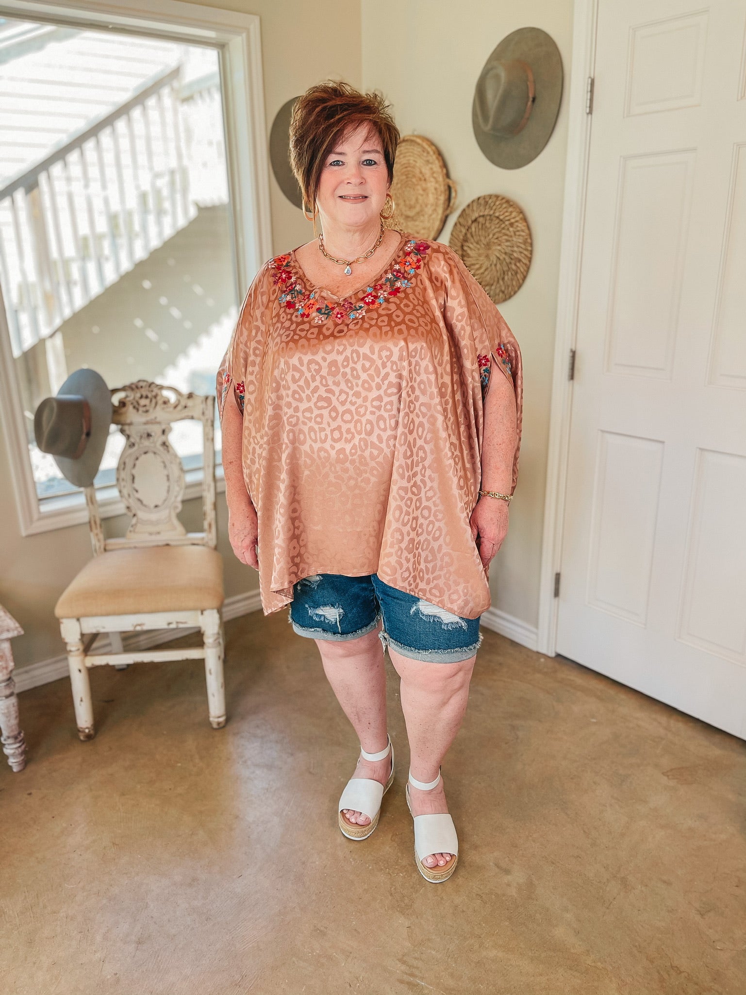 Destination Dreaming Metallic Leopard Poncho Top with Multicolor Embroidered Trim in Copper - Giddy Up Glamour Boutique