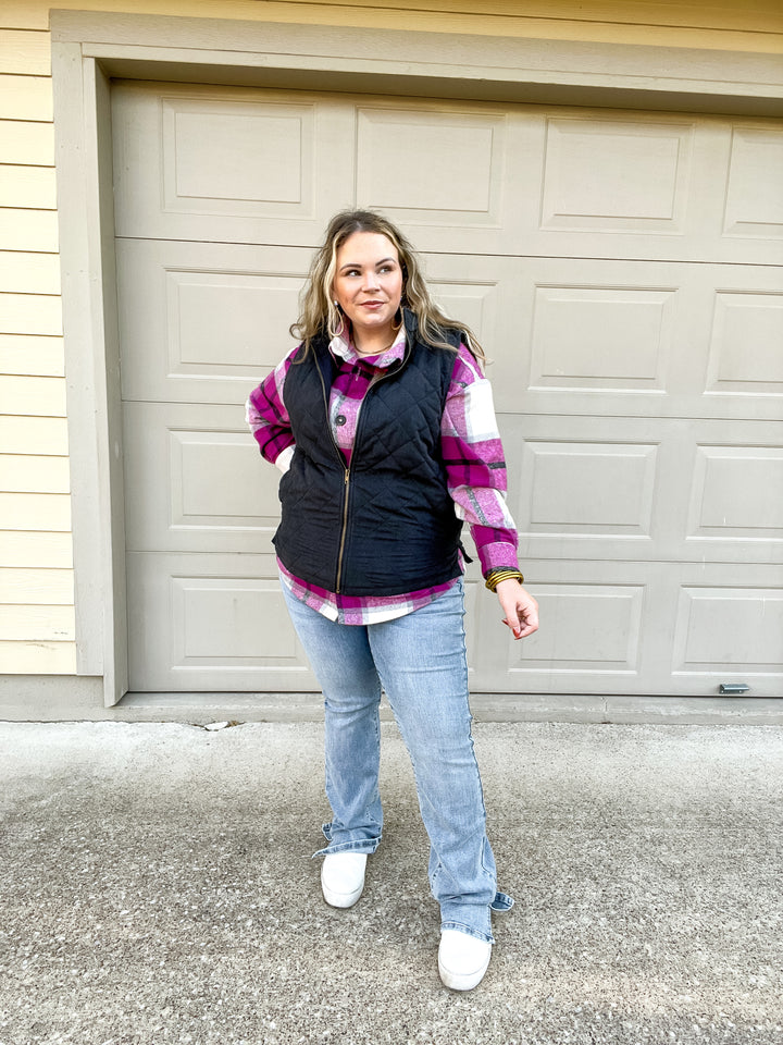 Headed To Denver Zip Up Quilted Vest in Black - Giddy Up Glamour Boutique