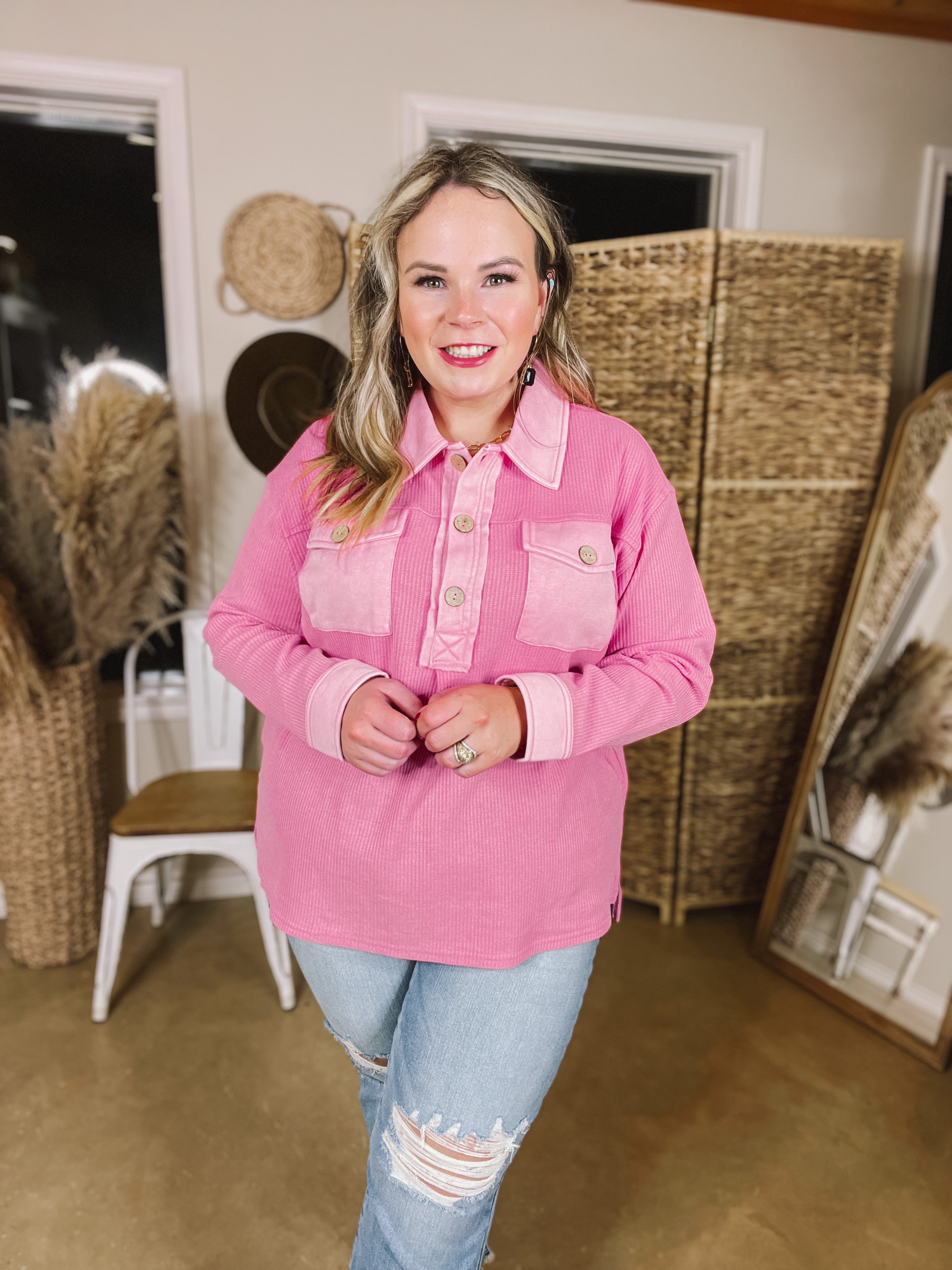 Cozy Welcome Waffle Knit Collared Top with Long Sleeves in Pink - Giddy Up Glamour Boutique