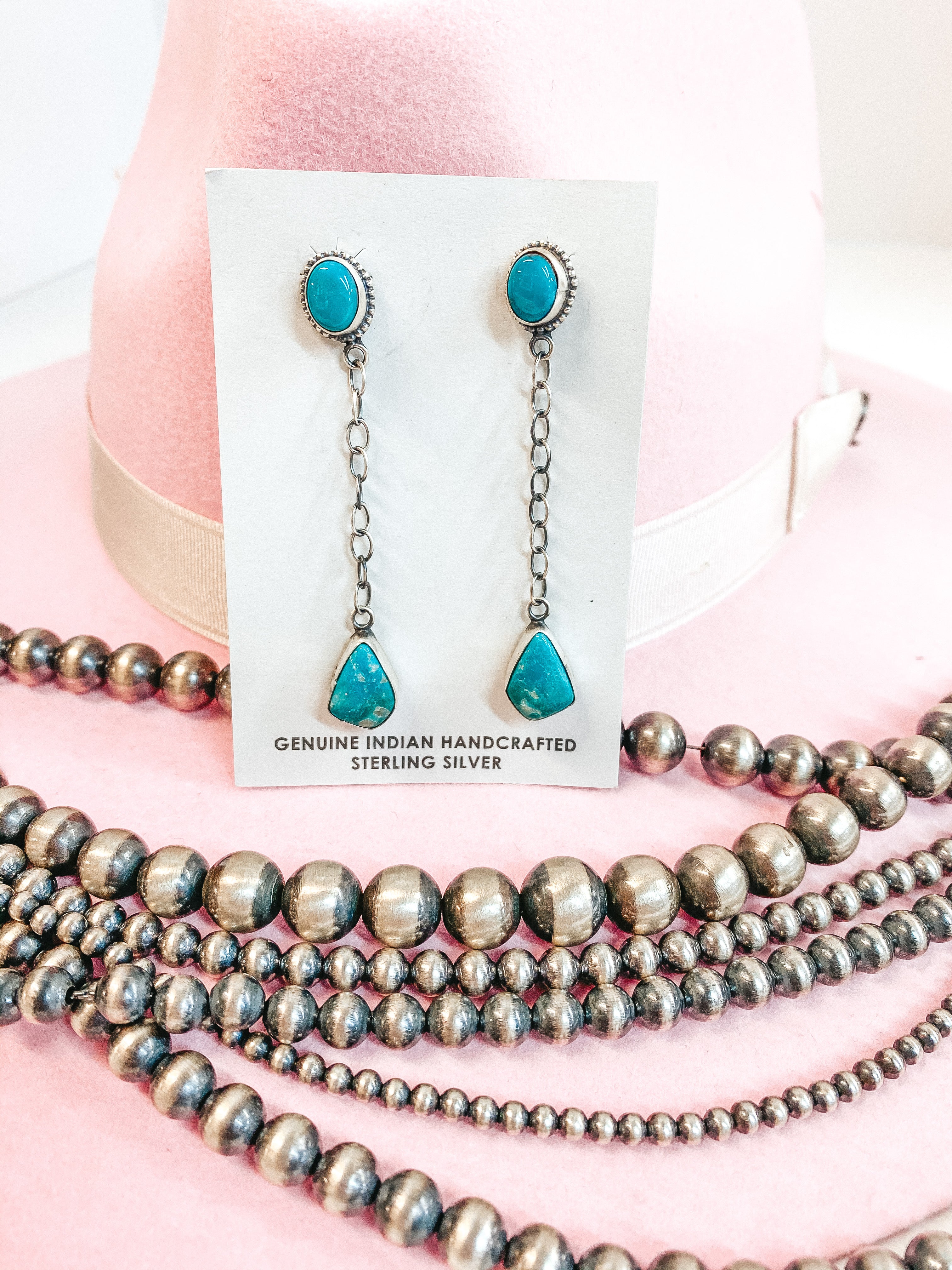 Tricia Smith | Navajo Handmade Sterling Silver Chain Drop Earrings with Kingman Turquoise Studs - Giddy Up Glamour Boutique