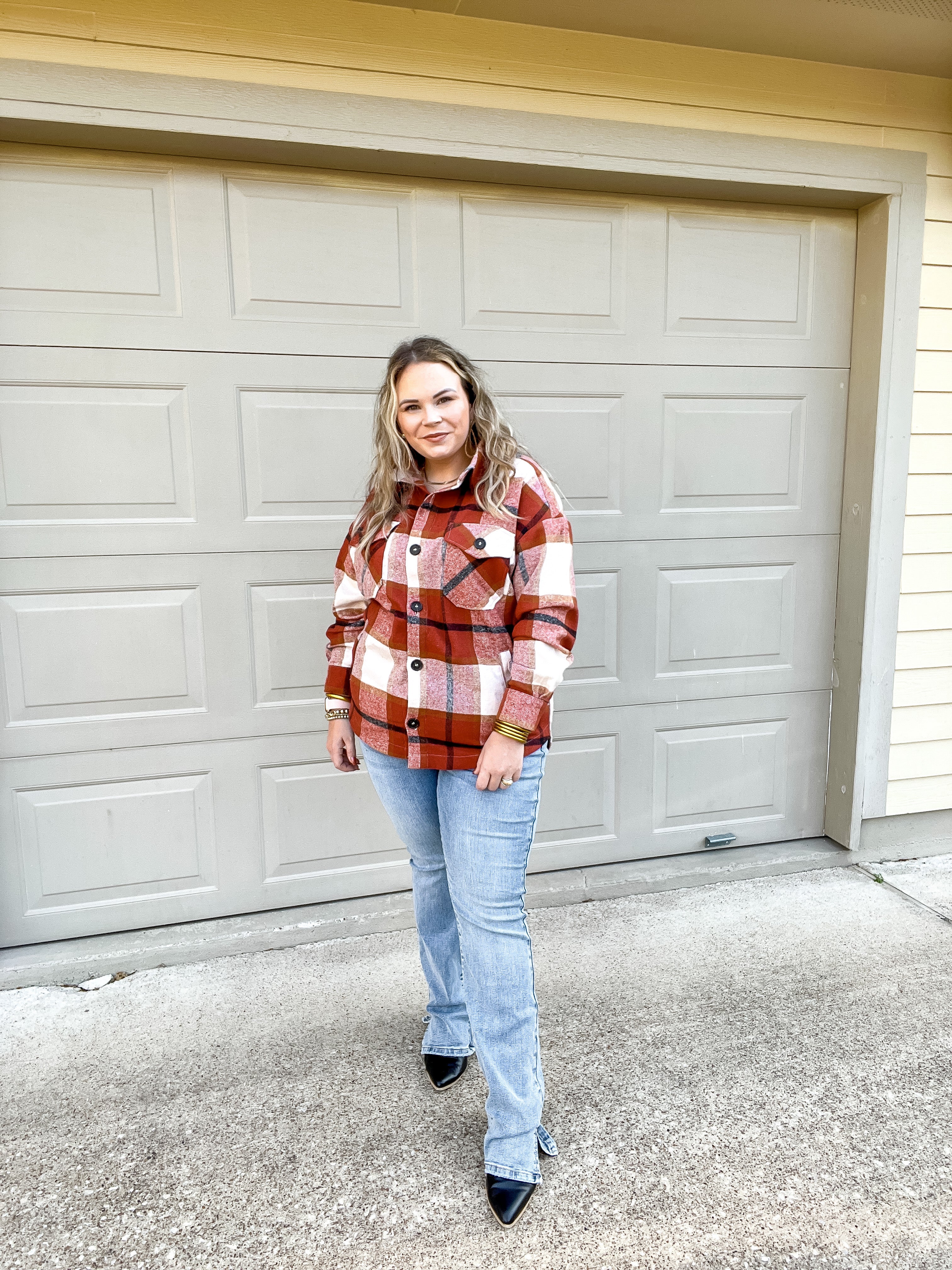 Autumn Air Plaid Button Up Shacket in Rust - Giddy Up Glamour Boutique