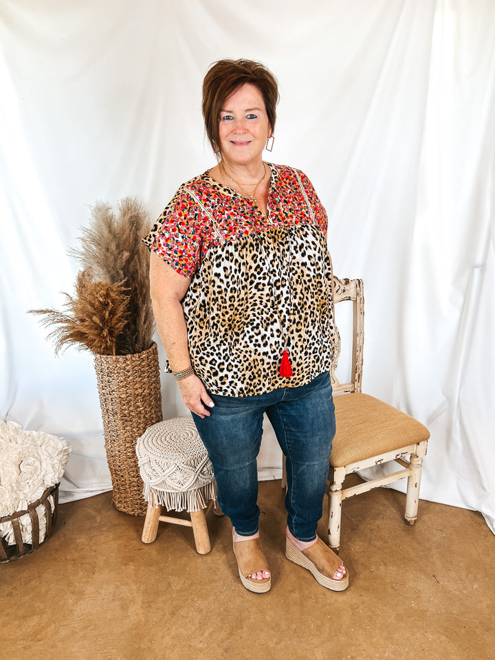 Fredericksburg In the Spring Embroidered Short Sleeve Top with Front Keyhole in Leopard Print - Giddy Up Glamour Boutique