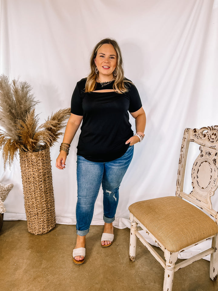 Sneak Peak Keyhole Short Sleeve Top in Black - Giddy Up Glamour Boutique
