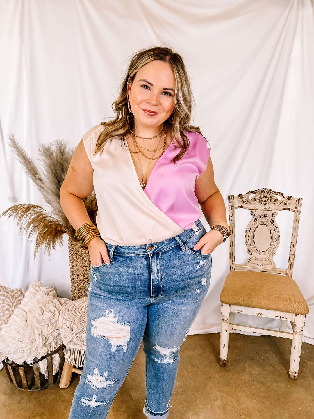 Steal The Night Color Block V Neck Bodysuit in Ivory and Lilac Pink - Giddy Up Glamour Boutique