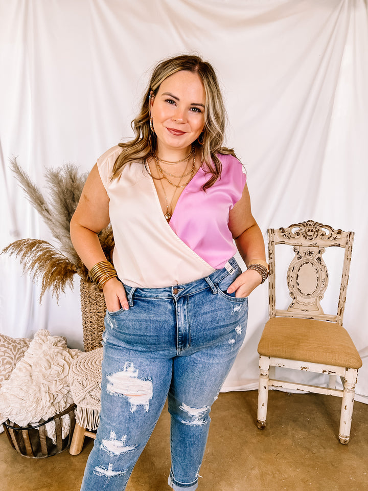 Steal The Night Color Block V Neck Bodysuit in Ivory and Lilac Pink - Giddy Up Glamour Boutique