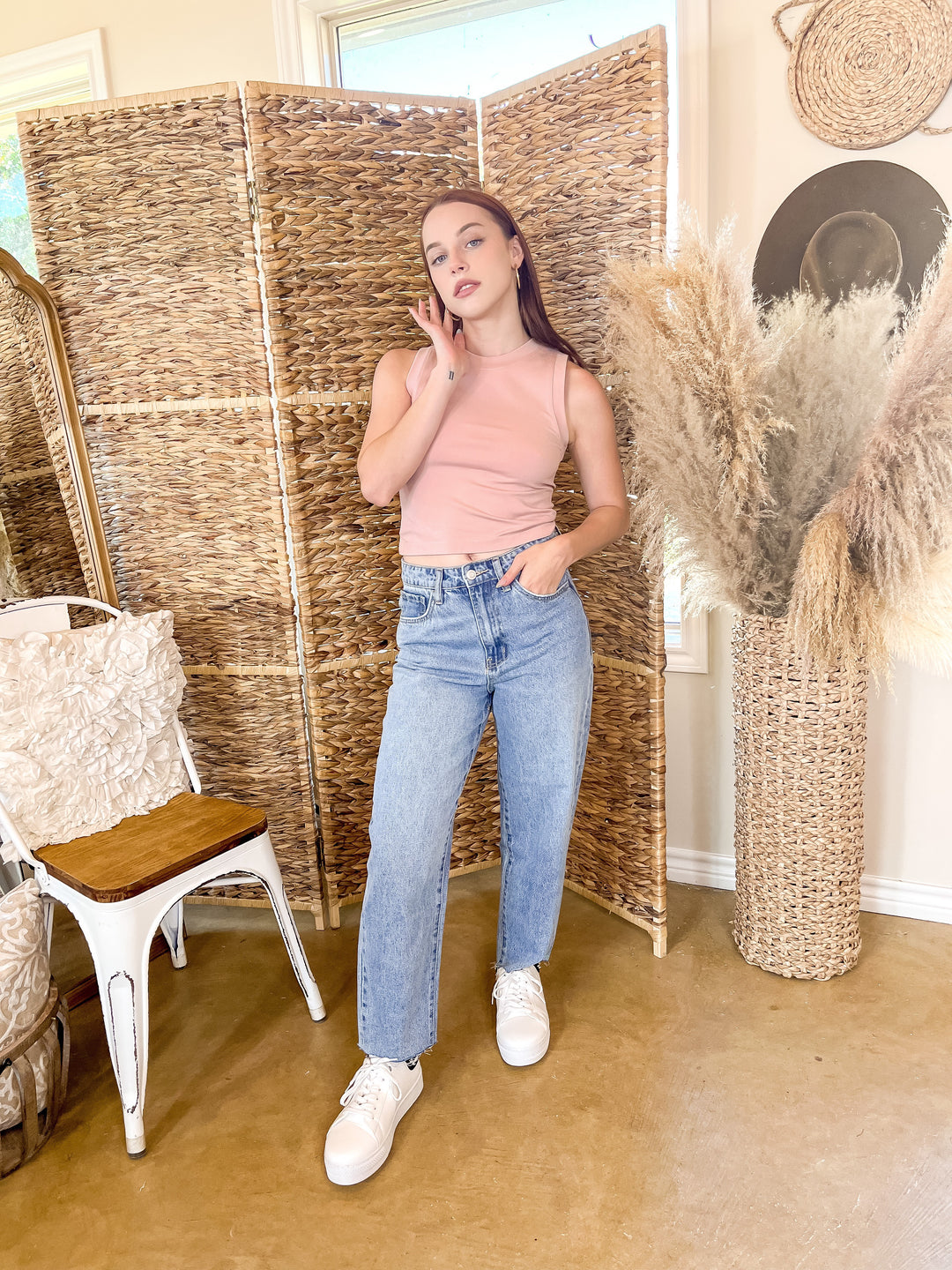 Chill Date High Cropped Muscle Tank Top in Pale Pink - Giddy Up Glamour Boutique