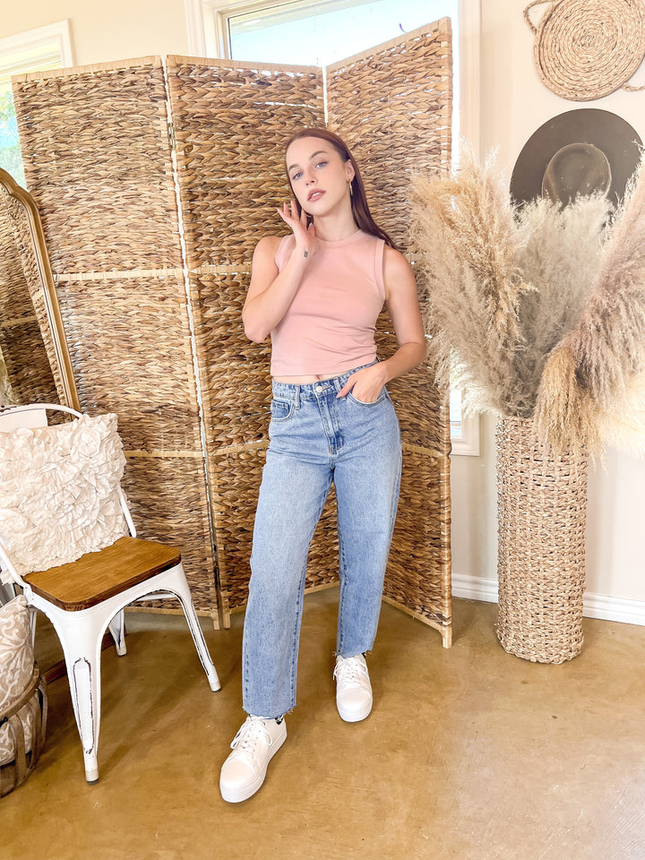 Chill Date High Cropped Muscle Tank Top in Pale Pink - Giddy Up Glamour Boutique