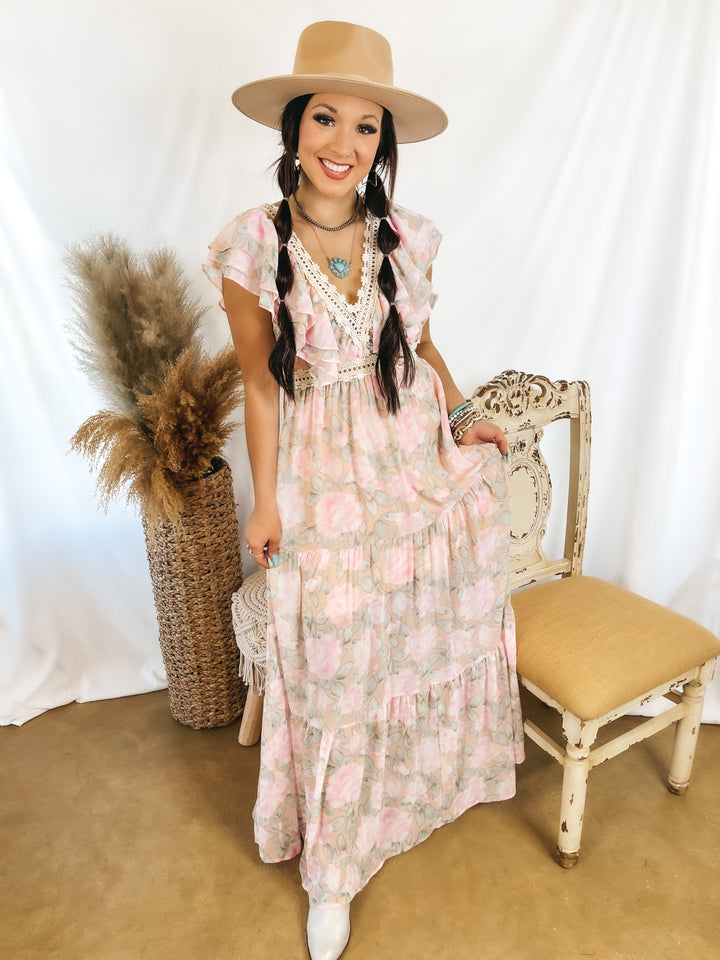 Sunlight Hours Watercolor Floral Maxi Dress with Crochet Detailing in Peach Pink - Giddy Up Glamour Boutique