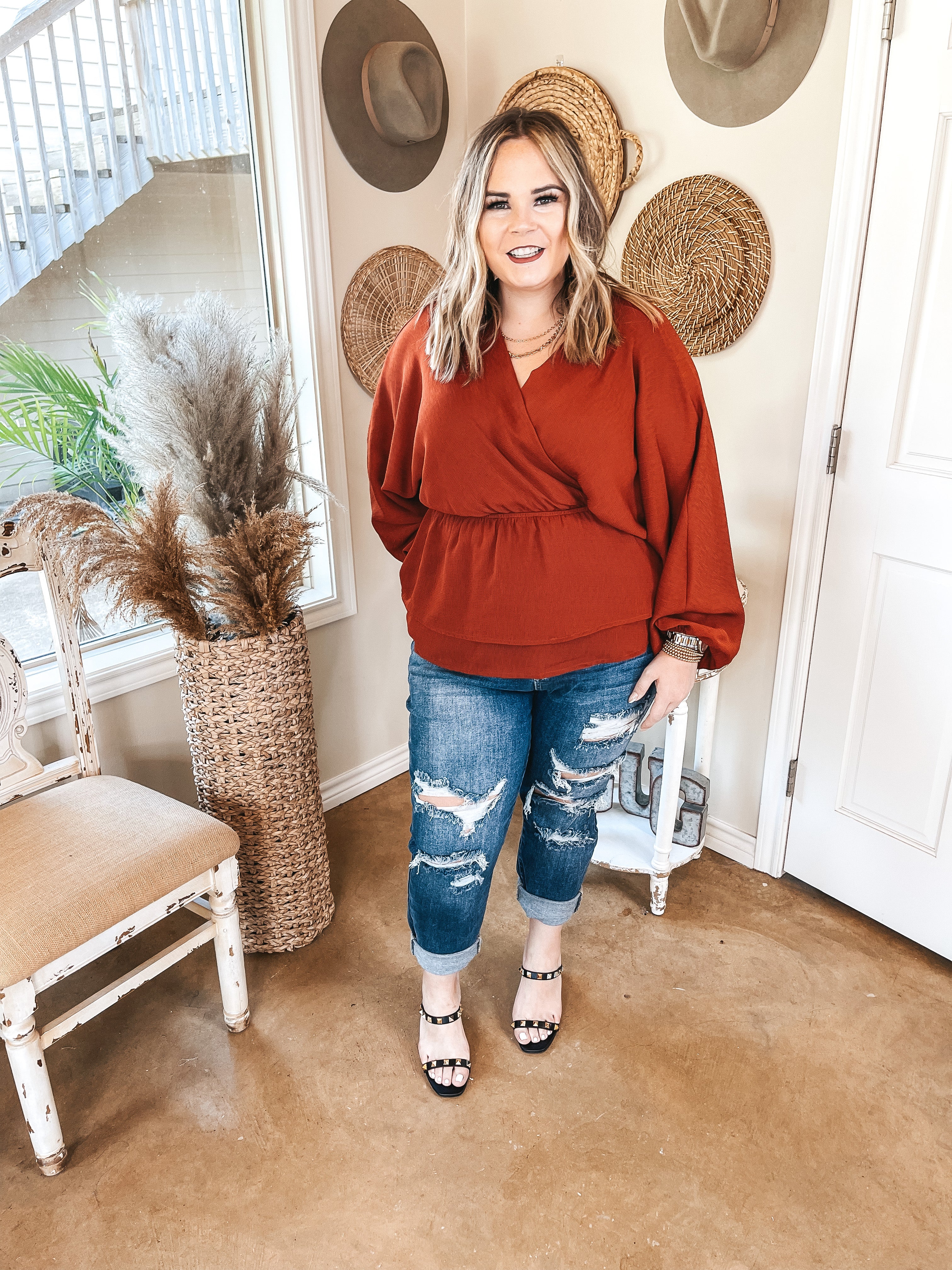 Move to the Music Long Sleeve Deep V Peplum Top in Rust Red - Giddy Up Glamour Boutique
