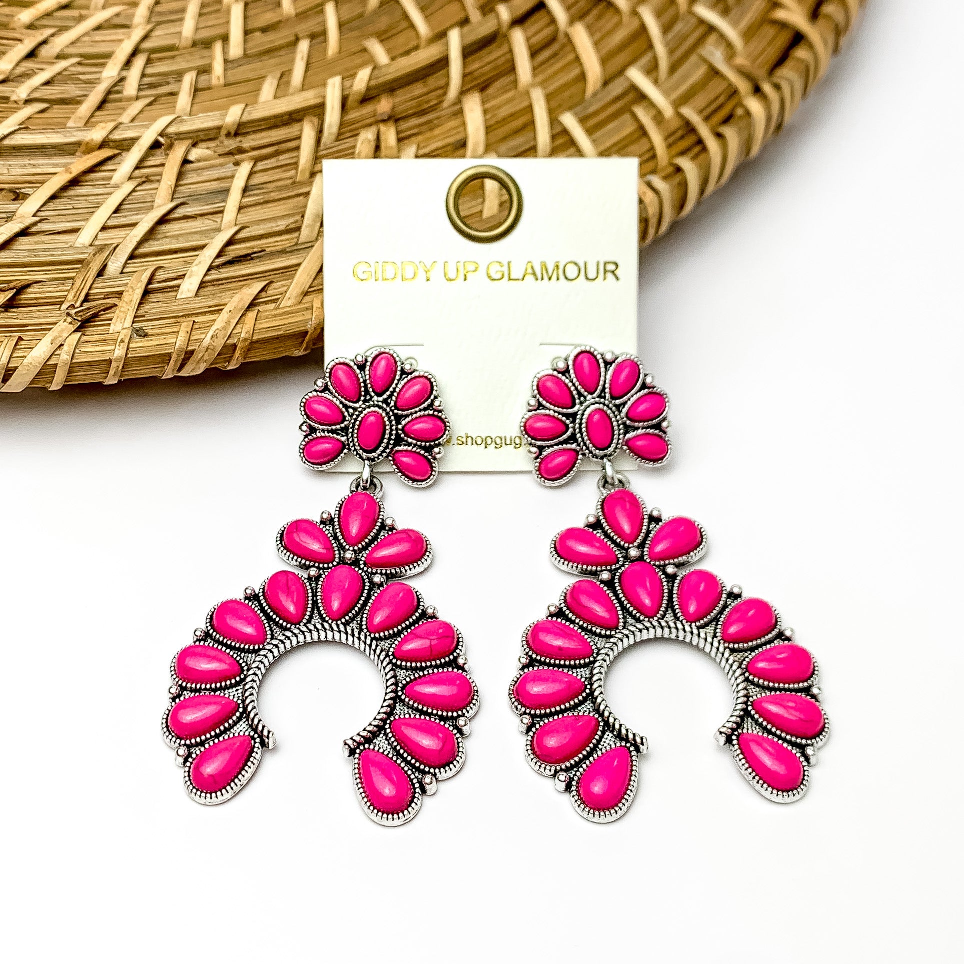 Hot Pink and Silver Horseshoe Drop Earrings - Giddy Up Glamour Boutique