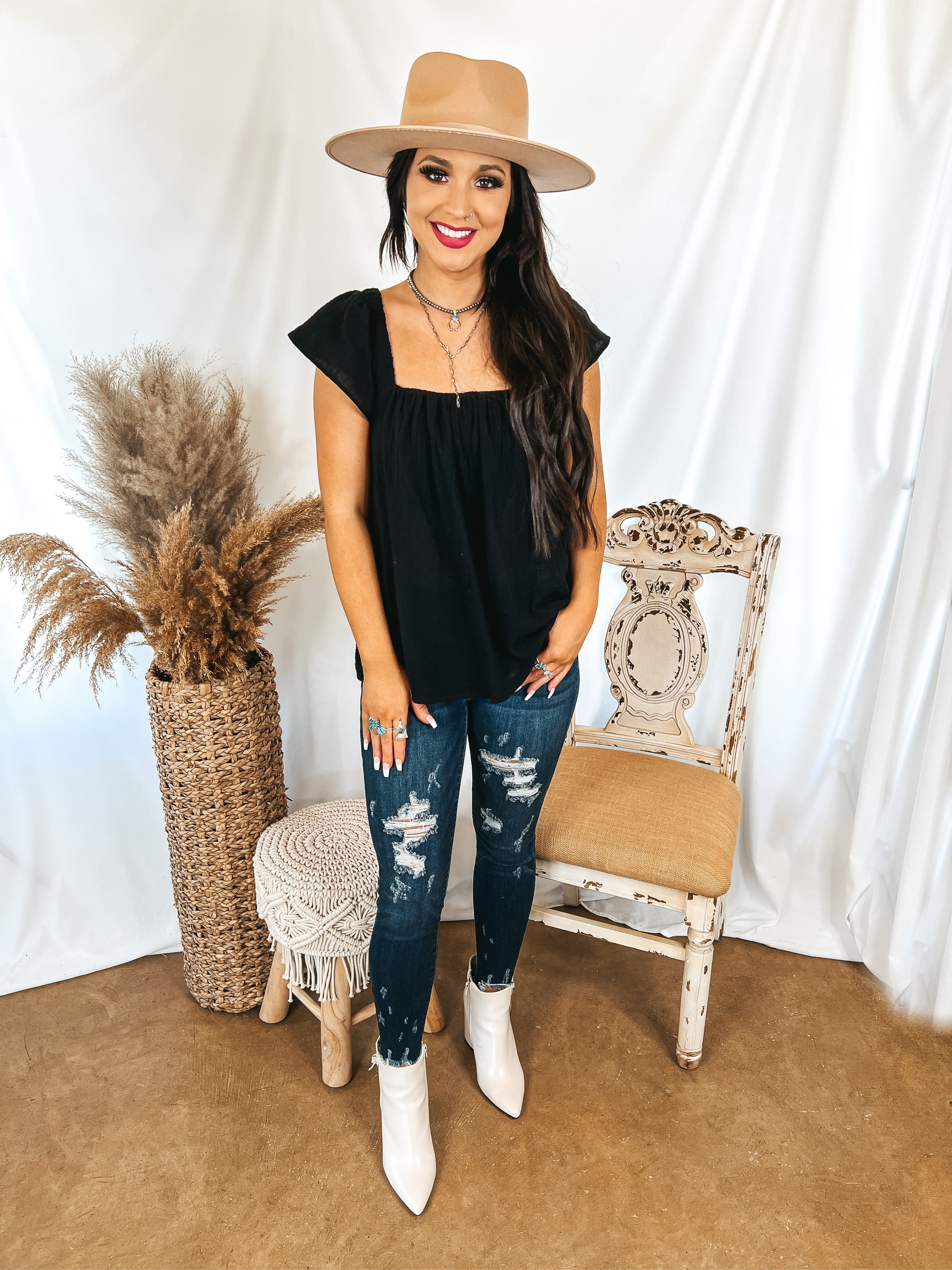 Thinking Out Loud Square Neck Cap Sleeve Top in Black - Giddy Up Glamour Boutique