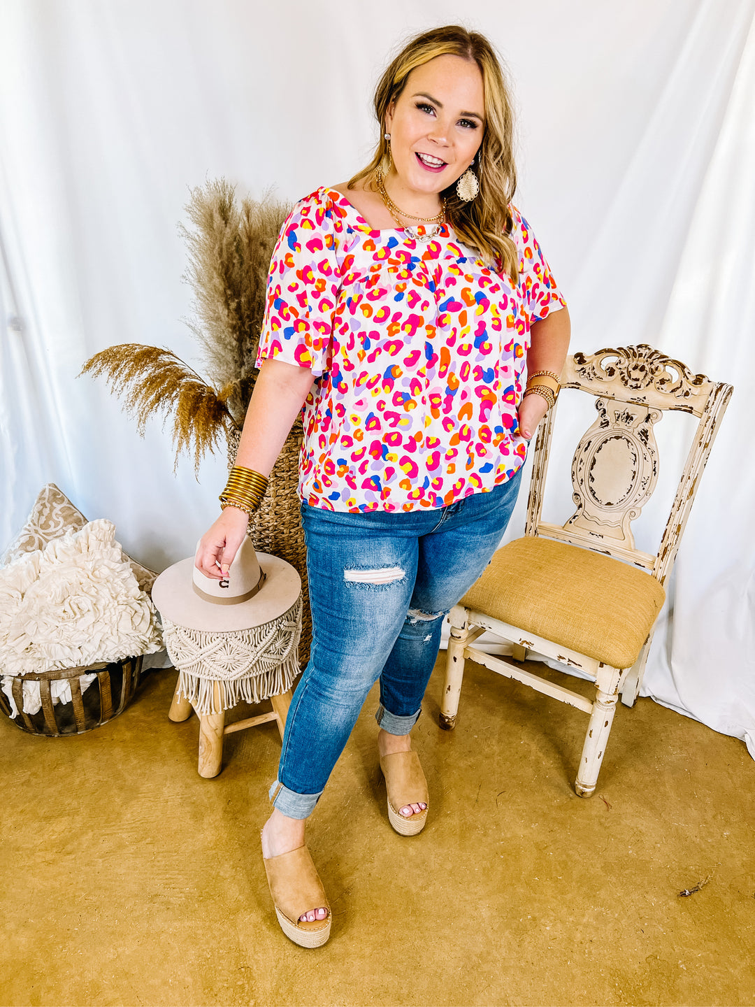Last Chance Size Small | Quite The Knockout Multi Color Leopard Print Top with Square Neck in White - Giddy Up Glamour Boutique