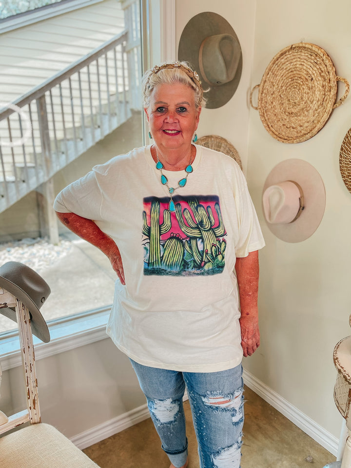 Paint Me in Palm Springs Short Sleeve Airbrush Cactus Graphic Tee in Ivory - Giddy Up Glamour Boutique