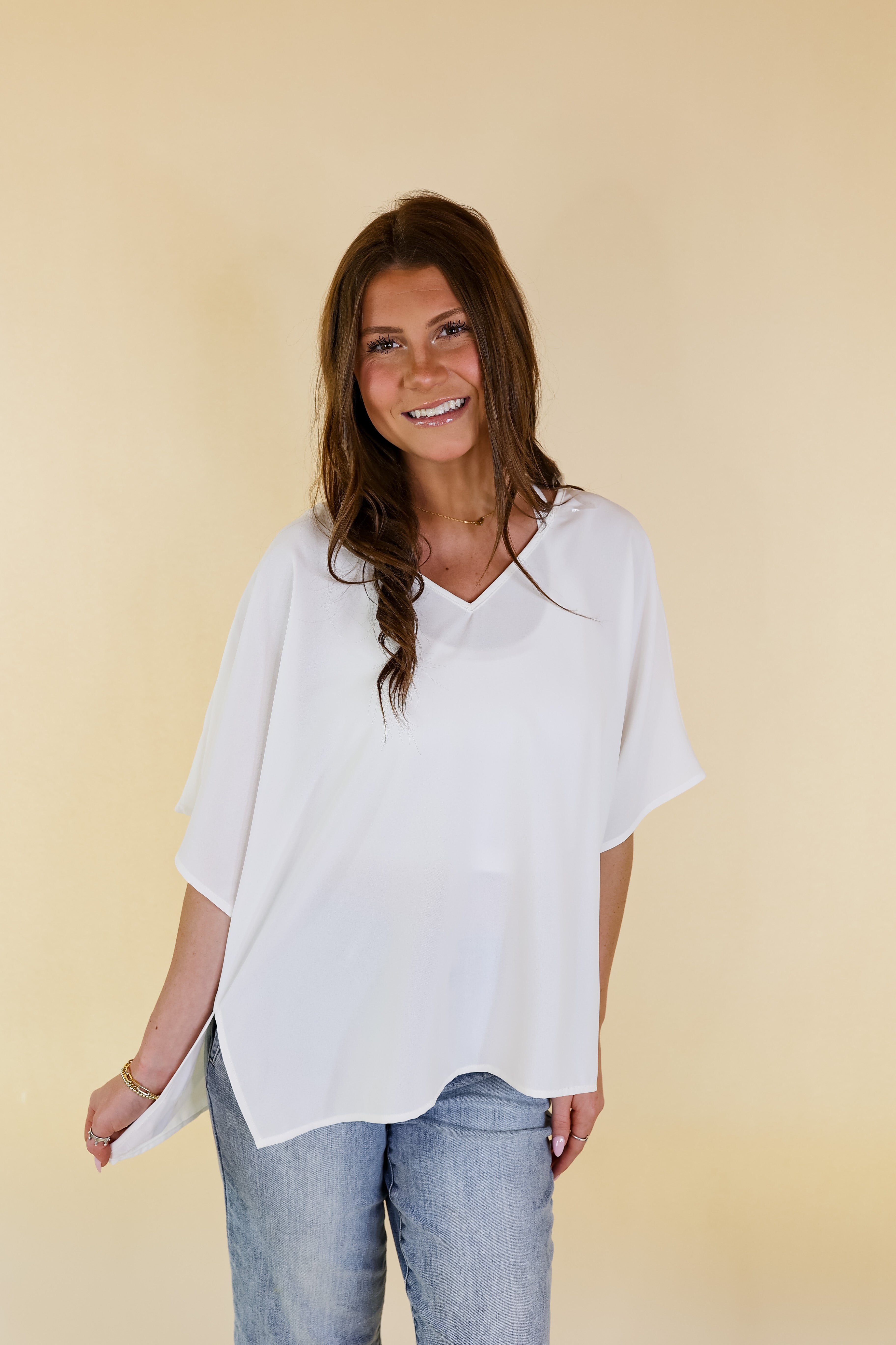 Majestic Moment V Neck Poncho Top in Ivory - Giddy Up Glamour Boutique