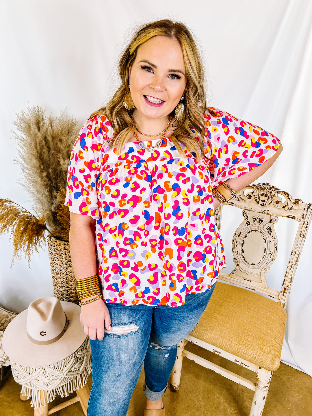 Last Chance Size Small | Quite The Knockout Multi Color Leopard Print Top with Square Neck in White - Giddy Up Glamour Boutique