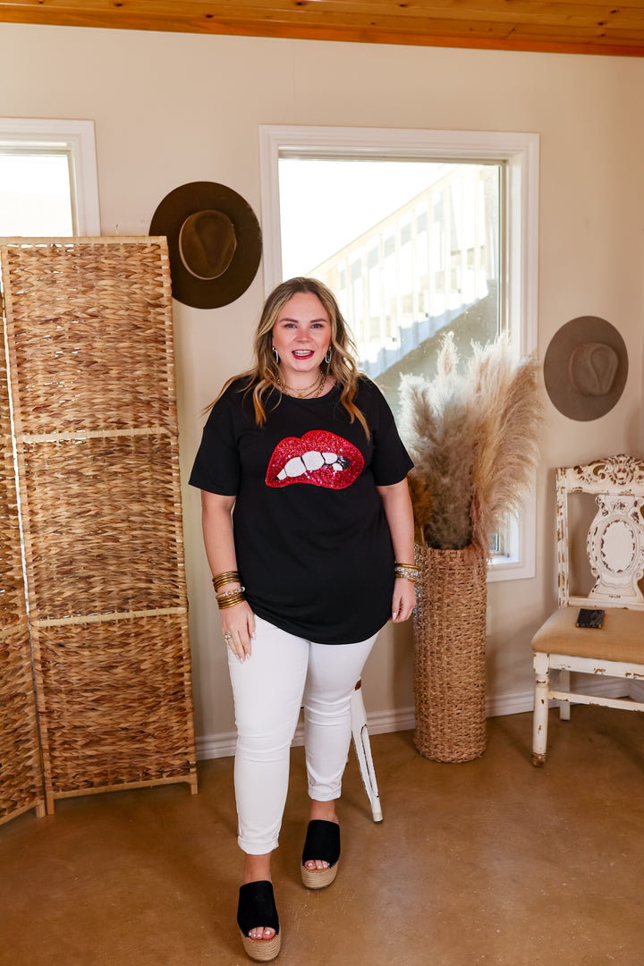 Rock All Night Sequin Mouth Graphic Tee in Black - Giddy Up Glamour Boutique