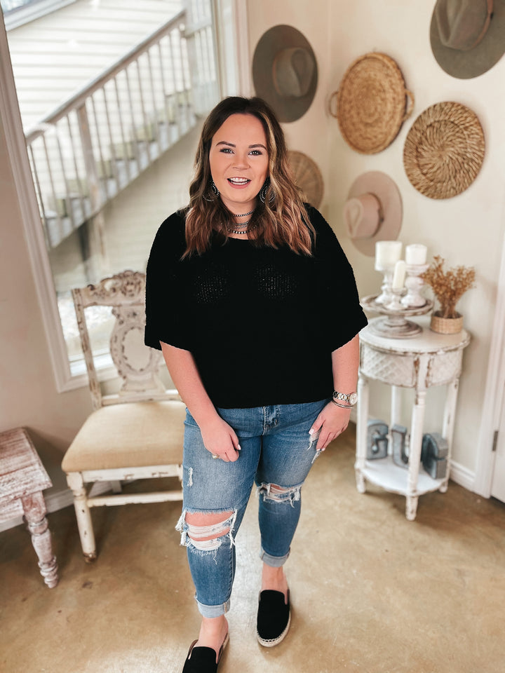 Together Again Short Drop Sleeve Cropped Sweater in Black - Giddy Up Glamour Boutique