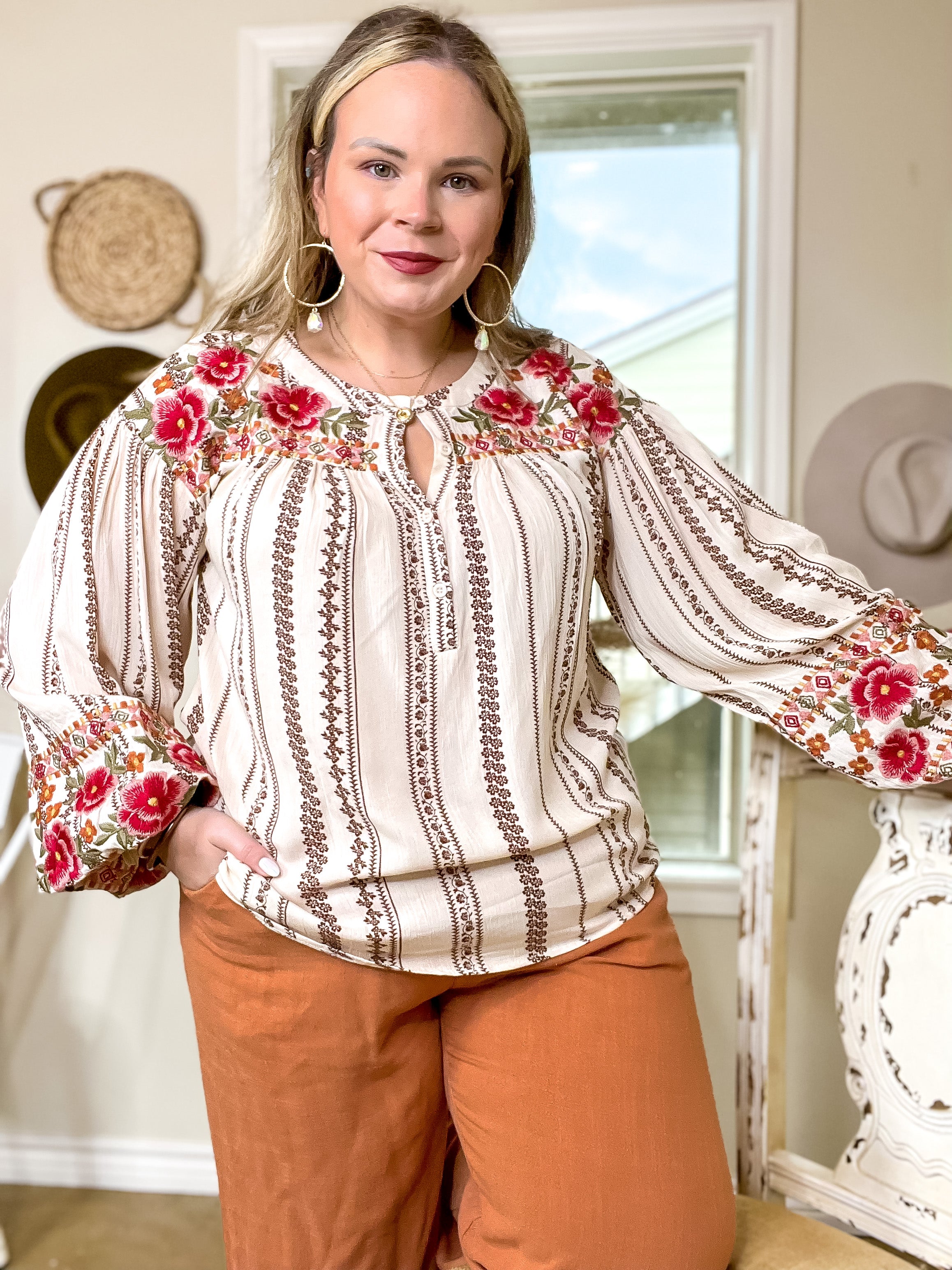 Savanna Jane | New Trails Long Sleeve Tribal Print Floral Embroidered Top in Cream - Giddy Up Glamour Boutique