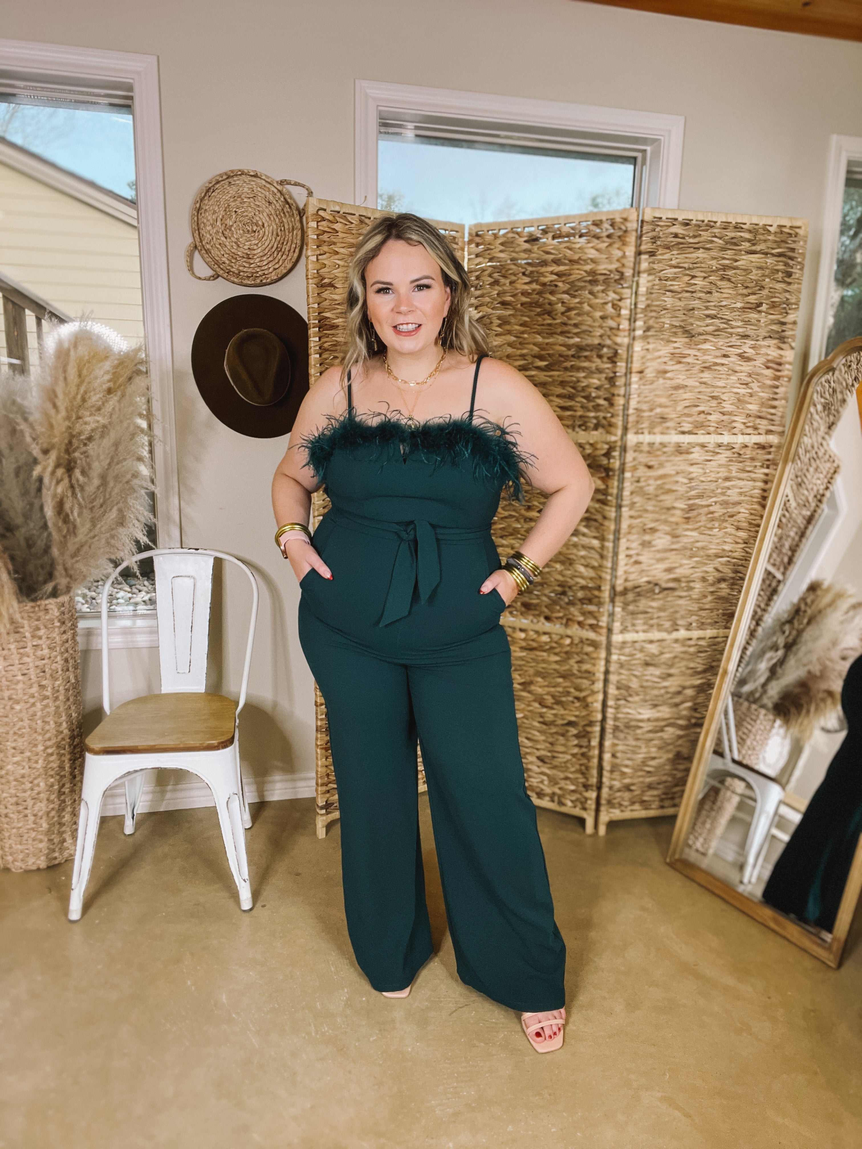 Cue The Lights Feather Jumpsuit with Waist Tie in Emerald Green - Giddy Up Glamour Boutique