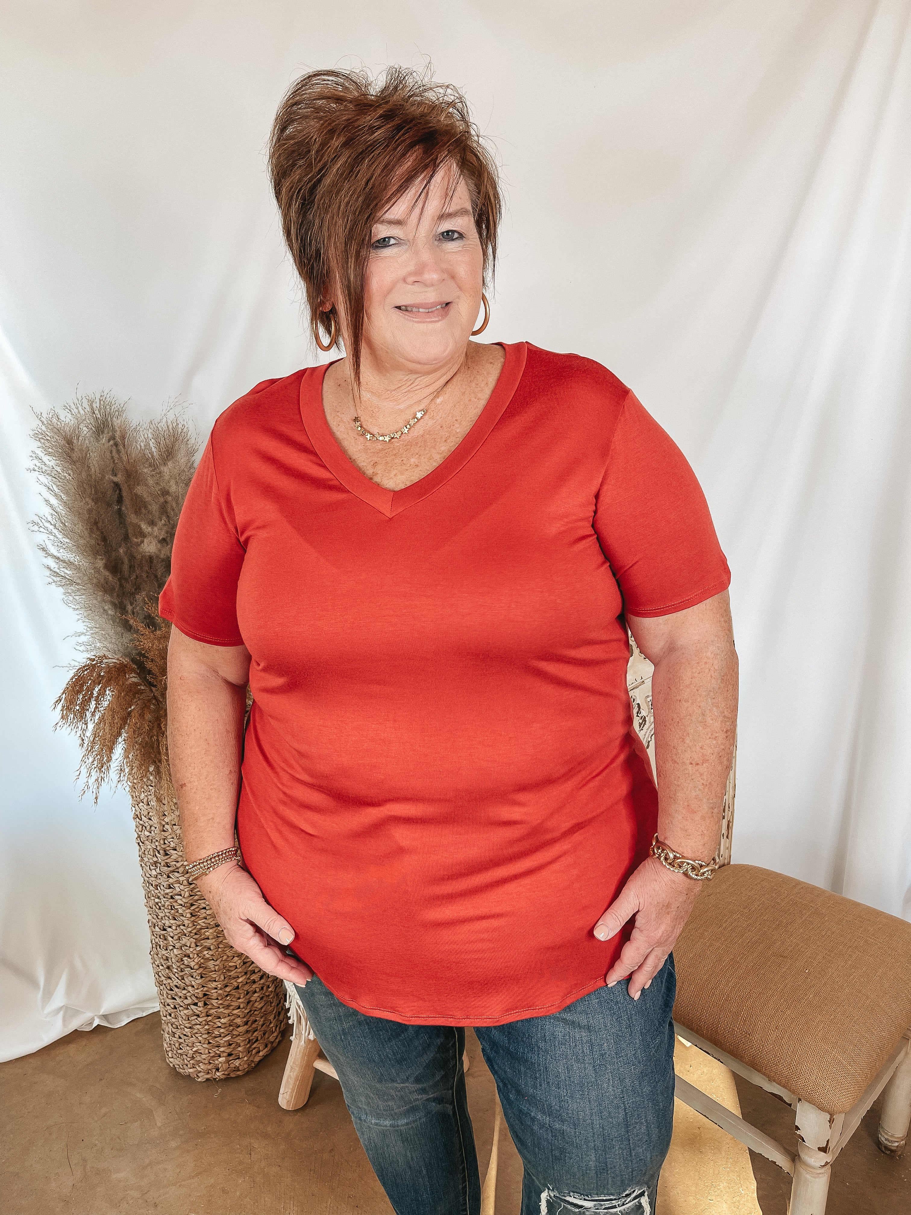 It's That Simple Solid V Neck Tee in Red Orange - Giddy Up Glamour Boutique