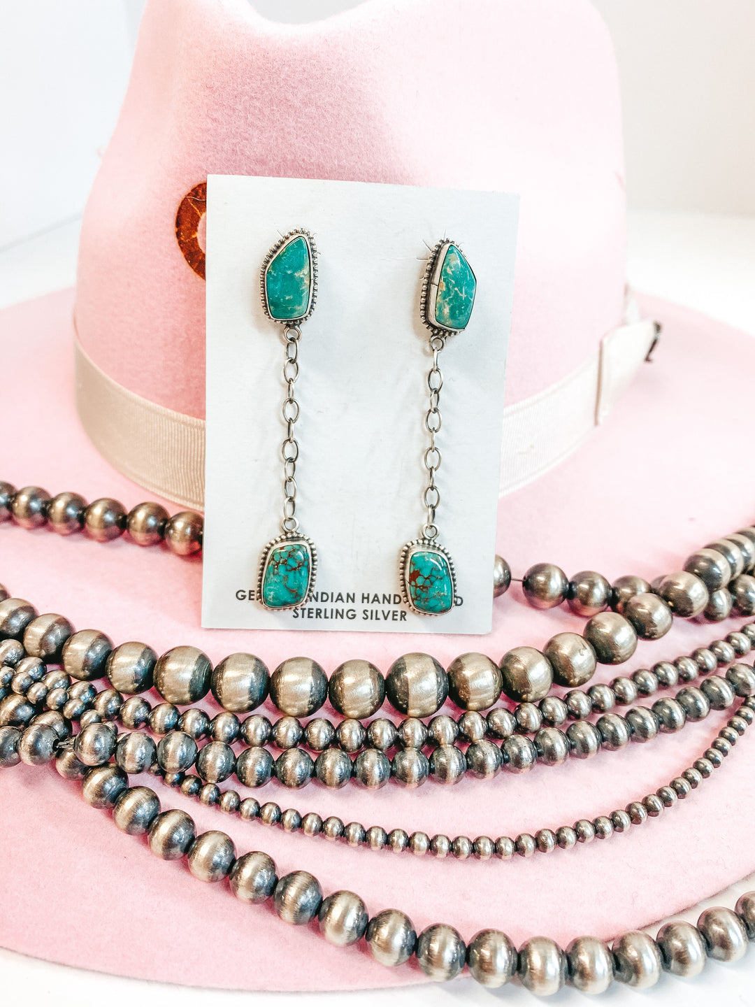 Tricia Smith | Navajo Handmade Sterling Silver Chain Drop Earrings with Kingman Turquoise Studs - Giddy Up Glamour Boutique