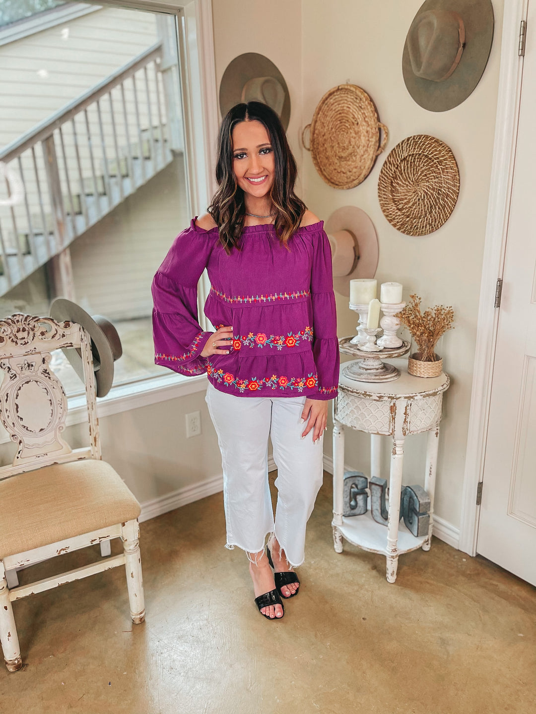 Your Moment Off the Shoulder Floral Embroidered Blouse in Magenta - Giddy Up Glamour Boutique