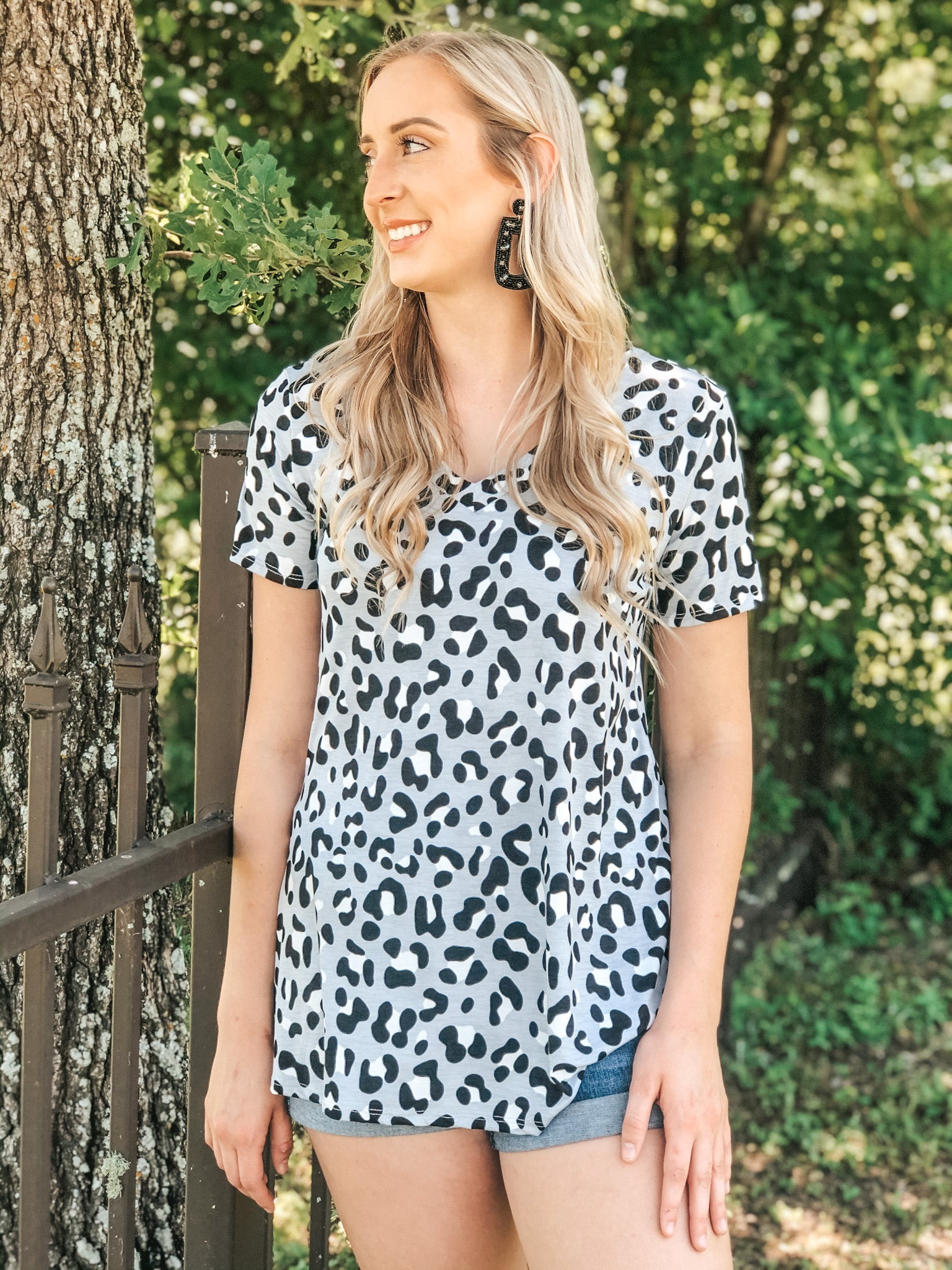 Keep Things Simple Leopard V Neck Tee in Grey - Giddy Up Glamour Boutique